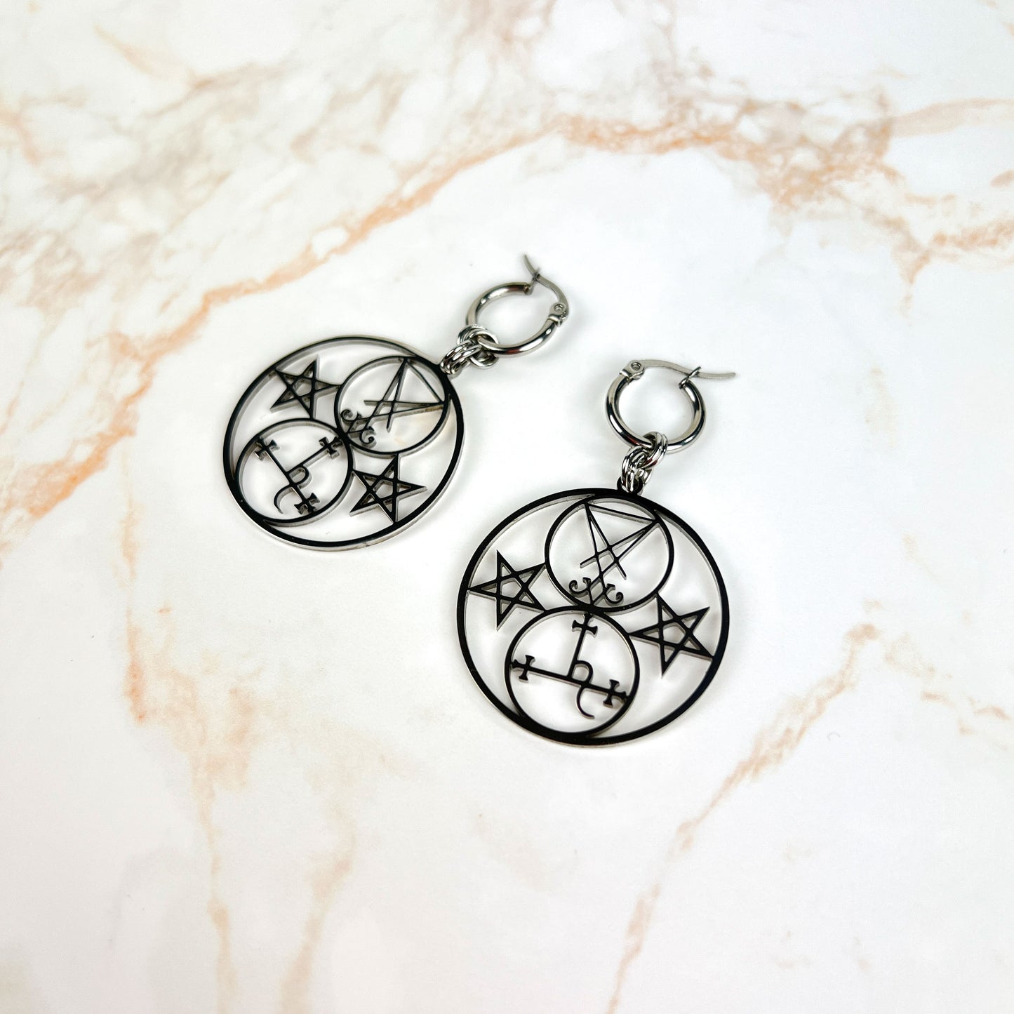 Luciferian earrings, Lilith and Lucifer sigils, inverted pentacle, made of stainless steel Baguette Magick
