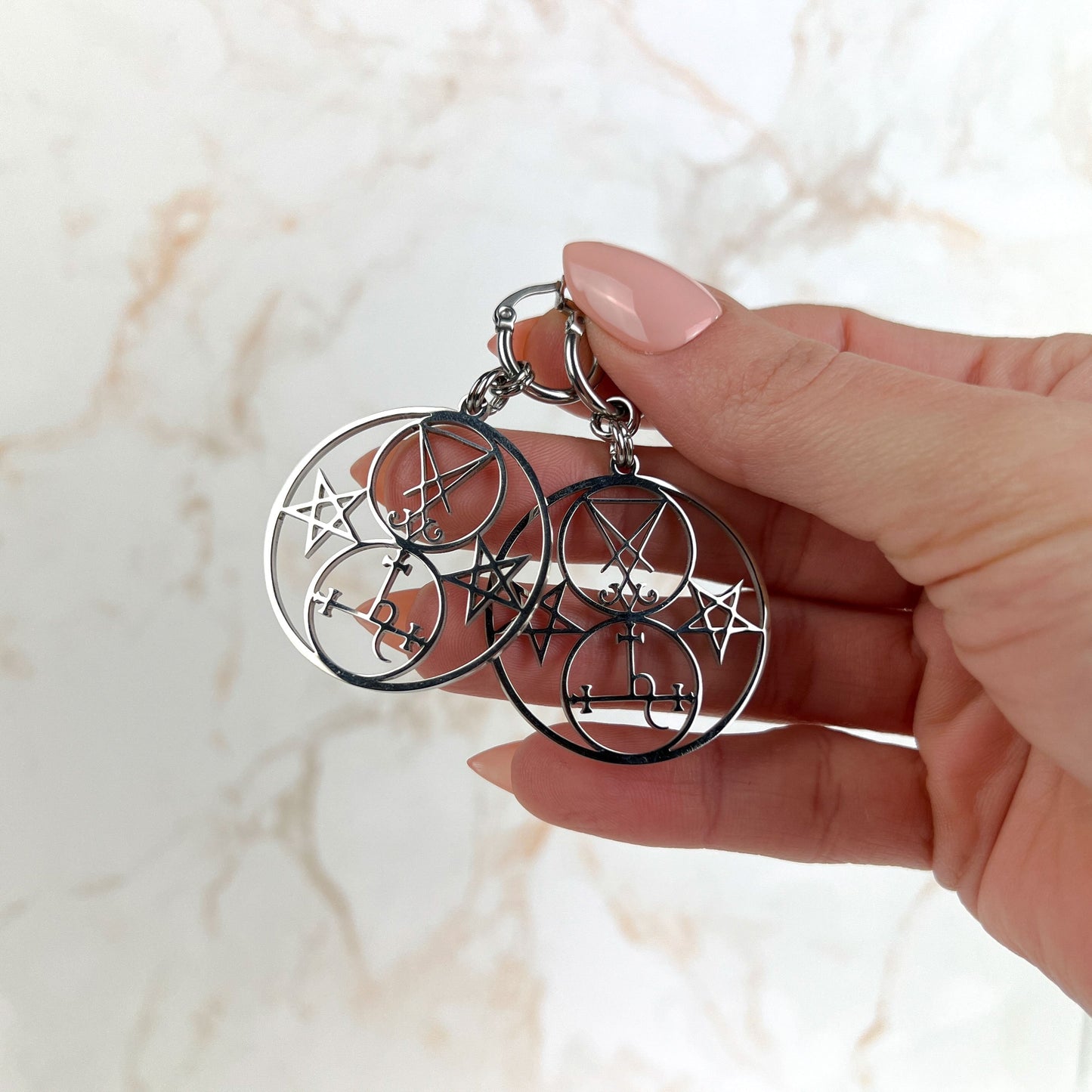 Luciferian earrings, Lilith and Lucifer sigils, inverted pentacle, made of stainless steel Baguette Magick
