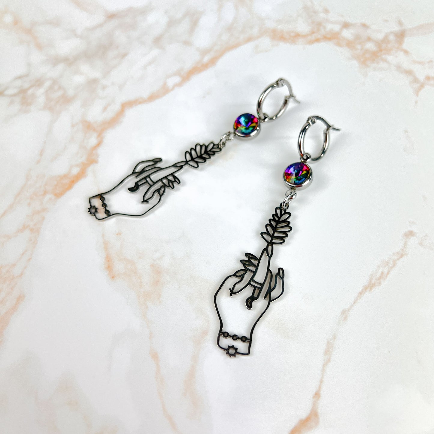 Witch hands earrings with colorful rhinestones made of stainless steel Baguette Magick
