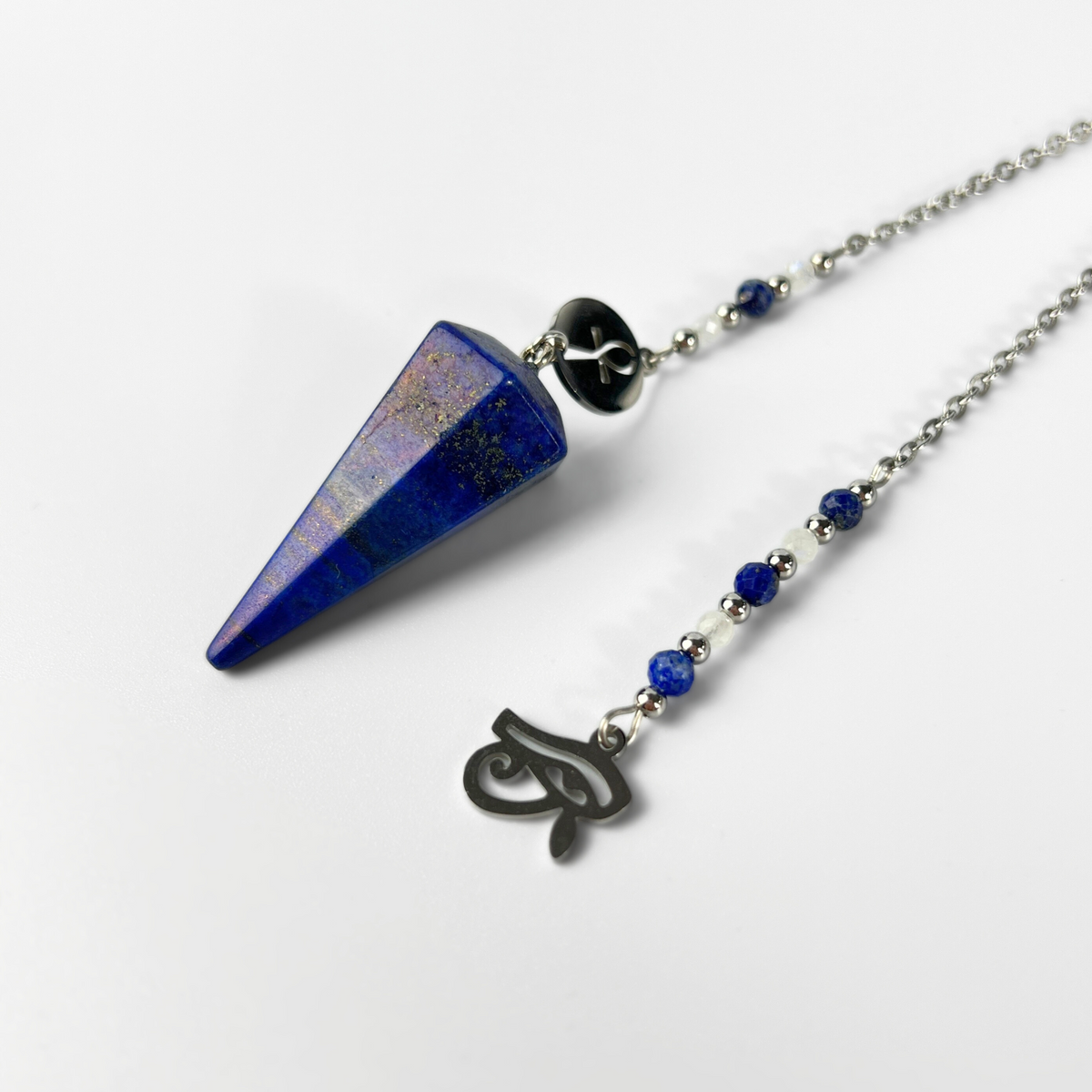 Pendule de radiesthésie avec lapis-lazuli, pierre de lune, œil d'Horus et Ankh
