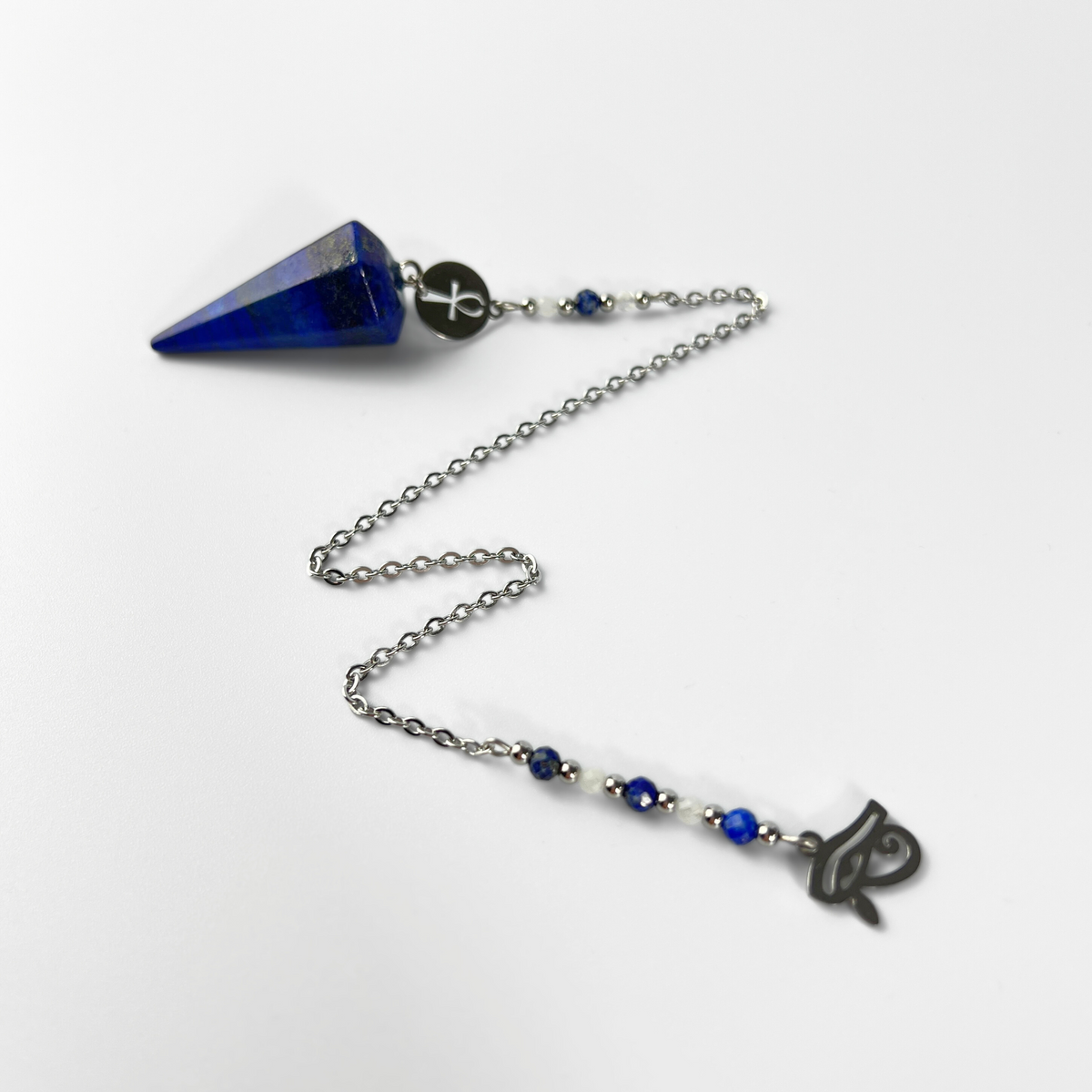 Pendule de radiesthésie avec lapis-lazuli, pierre de lune, œil d'Horus et Ankh