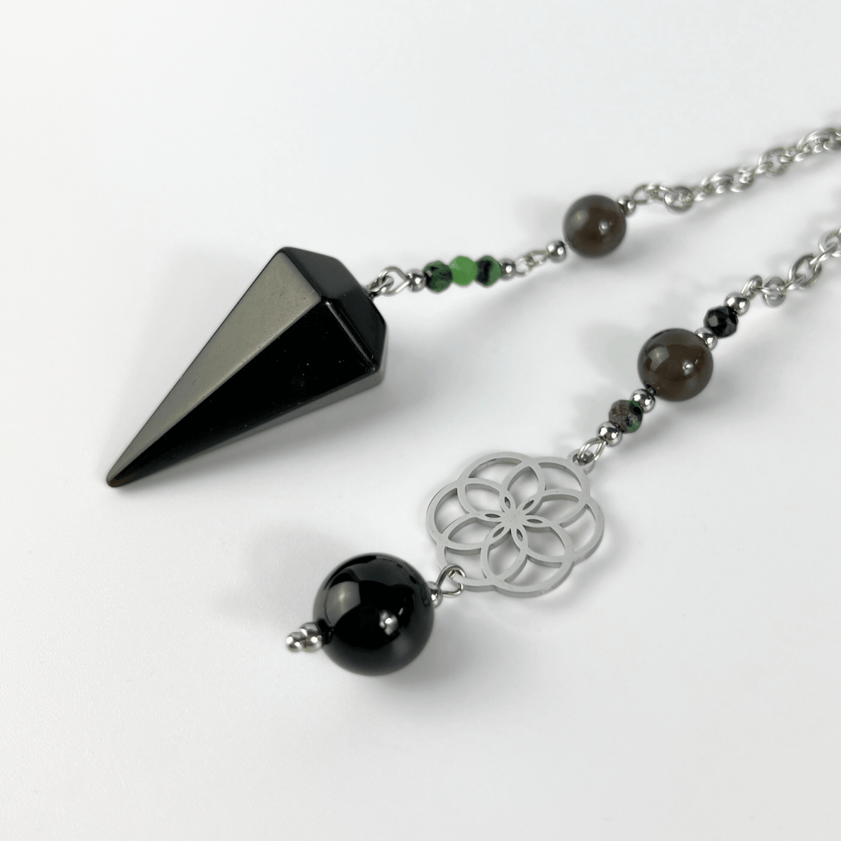 Obsidian, Ruby Zoisite & Onyx Dowsing Pendulum, with flower of life charm