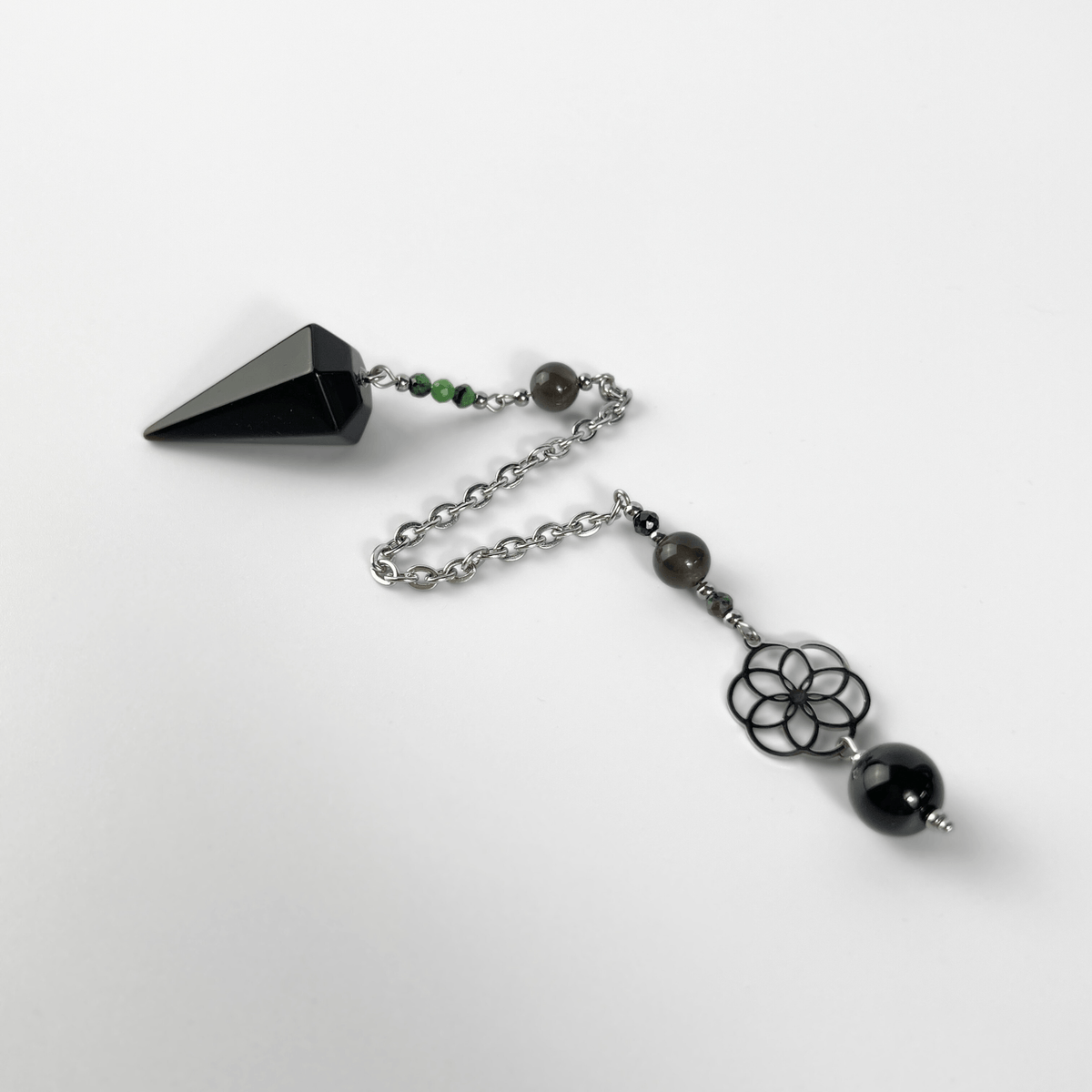 Obsidian, Ruby Zoisite & Onyx Dowsing Pendulum, with flower of life charm