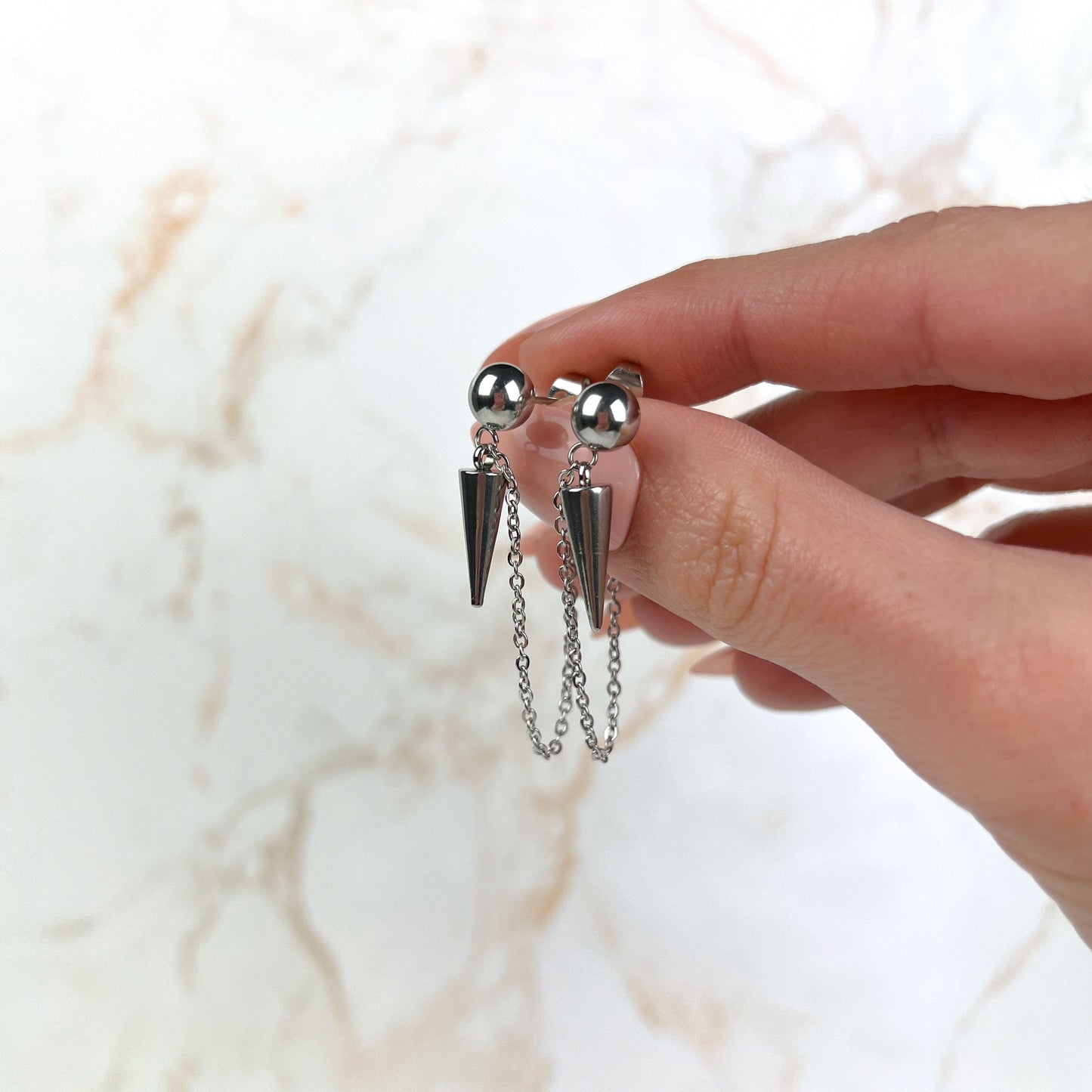Punk rock stainless steel stud spike and chains earrings Baguette Magick