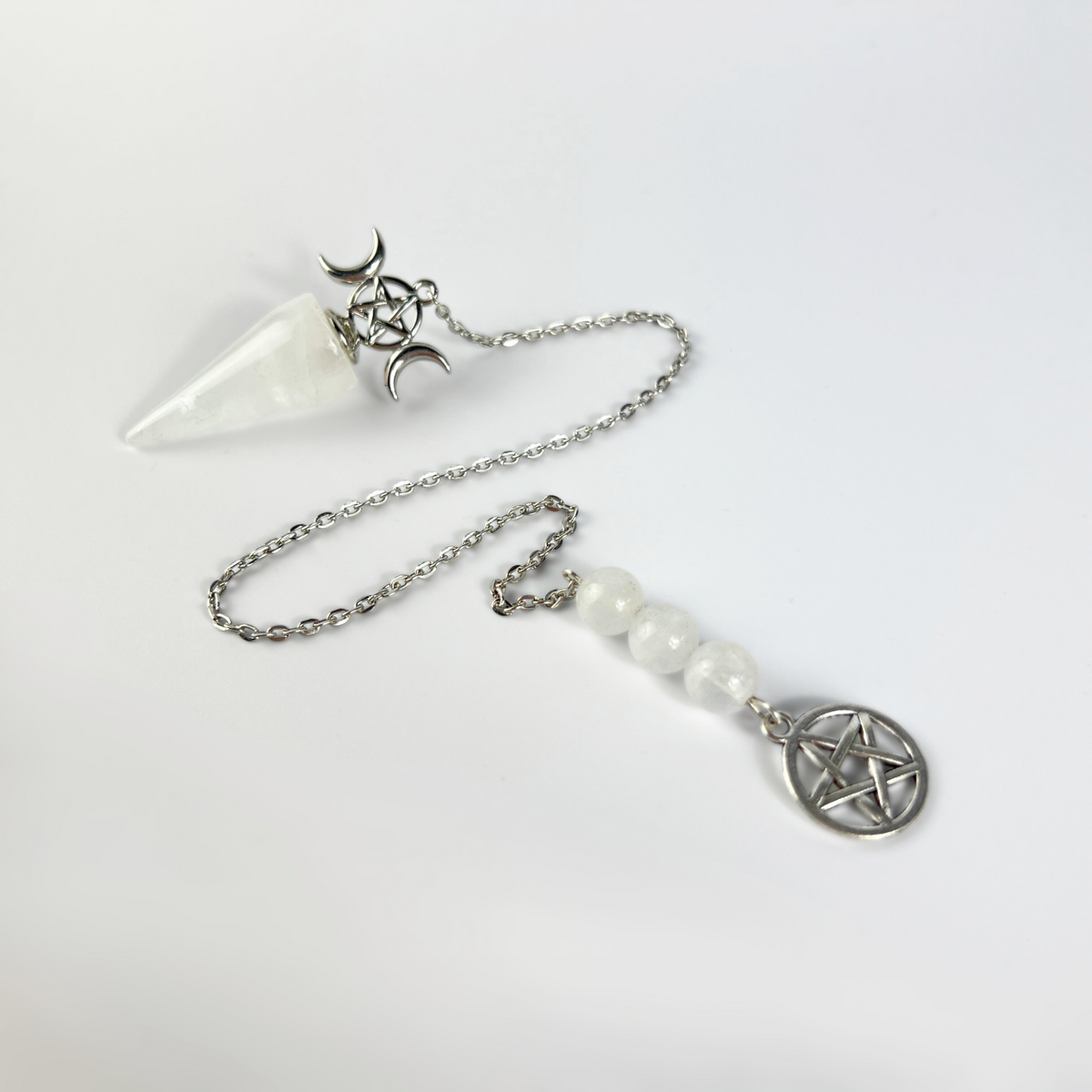 Triple Moon and Pentacle dowsing pendulum clear quartz or amethyst Baguette Magick
