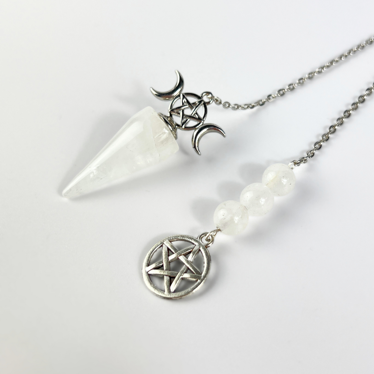 Triple Moon and Pentacle dowsing pendulum clear quartz or amethyst Baguette Magick