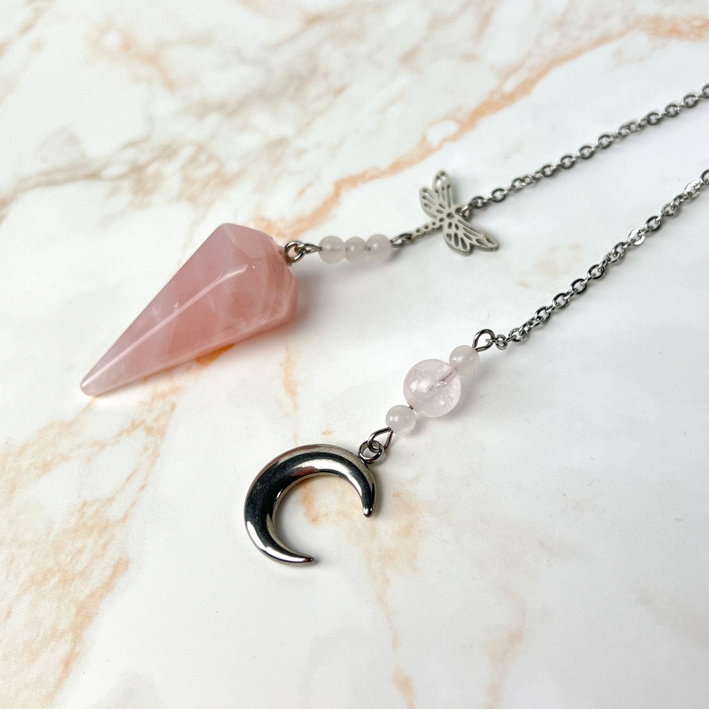 Rose quartz, stainless steel, Dragonfly and Moon crescent pendulum Baguette Magick