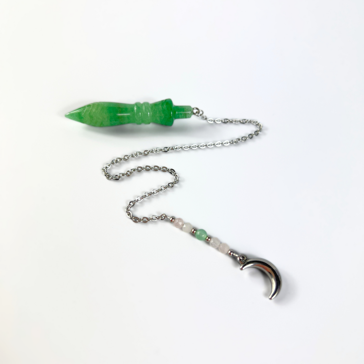 Pendule égyptien Thot gravé, aventurine, quartz rose, breloque croissant de lune