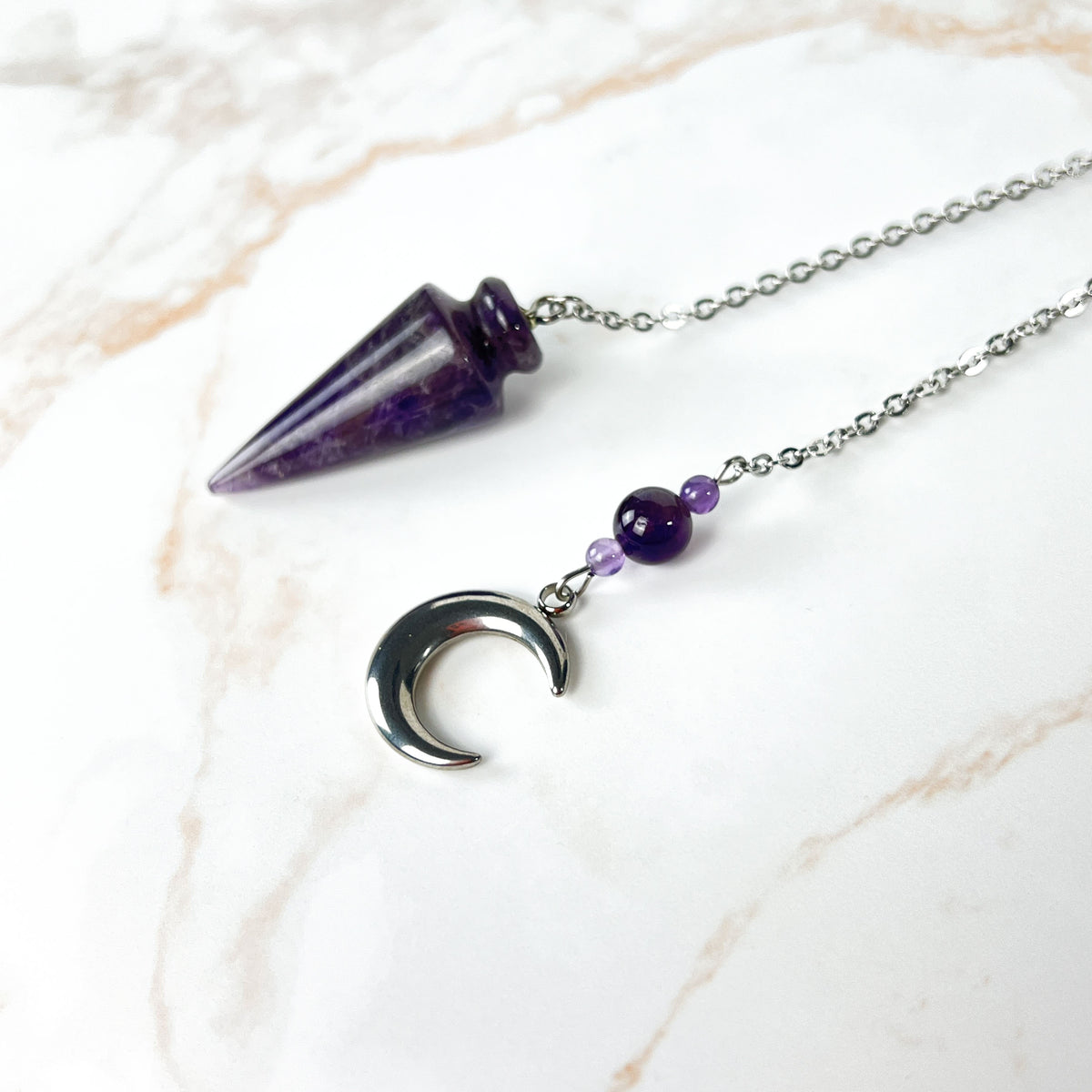 Amethyst and stainless steel Moon crescent pendulum Baguette Magick