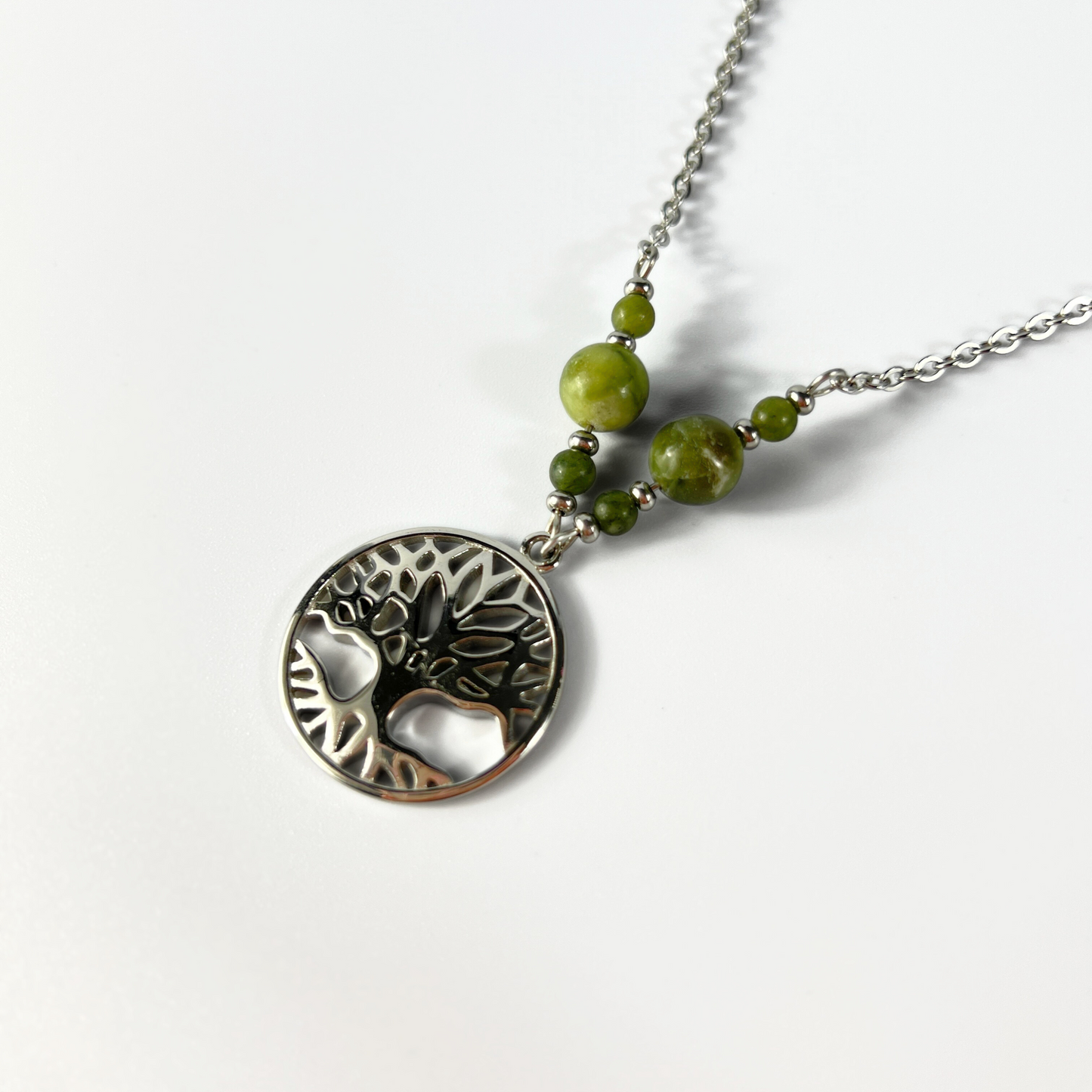 Tree of life pendant necklace, Green Jade beads