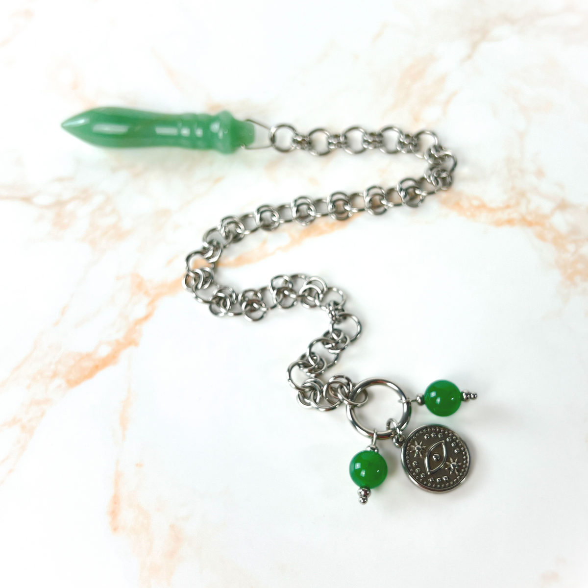 Egyptian Thot pendulum aventurine chainmail, third eye charm and stainless steel Baguette Magick
