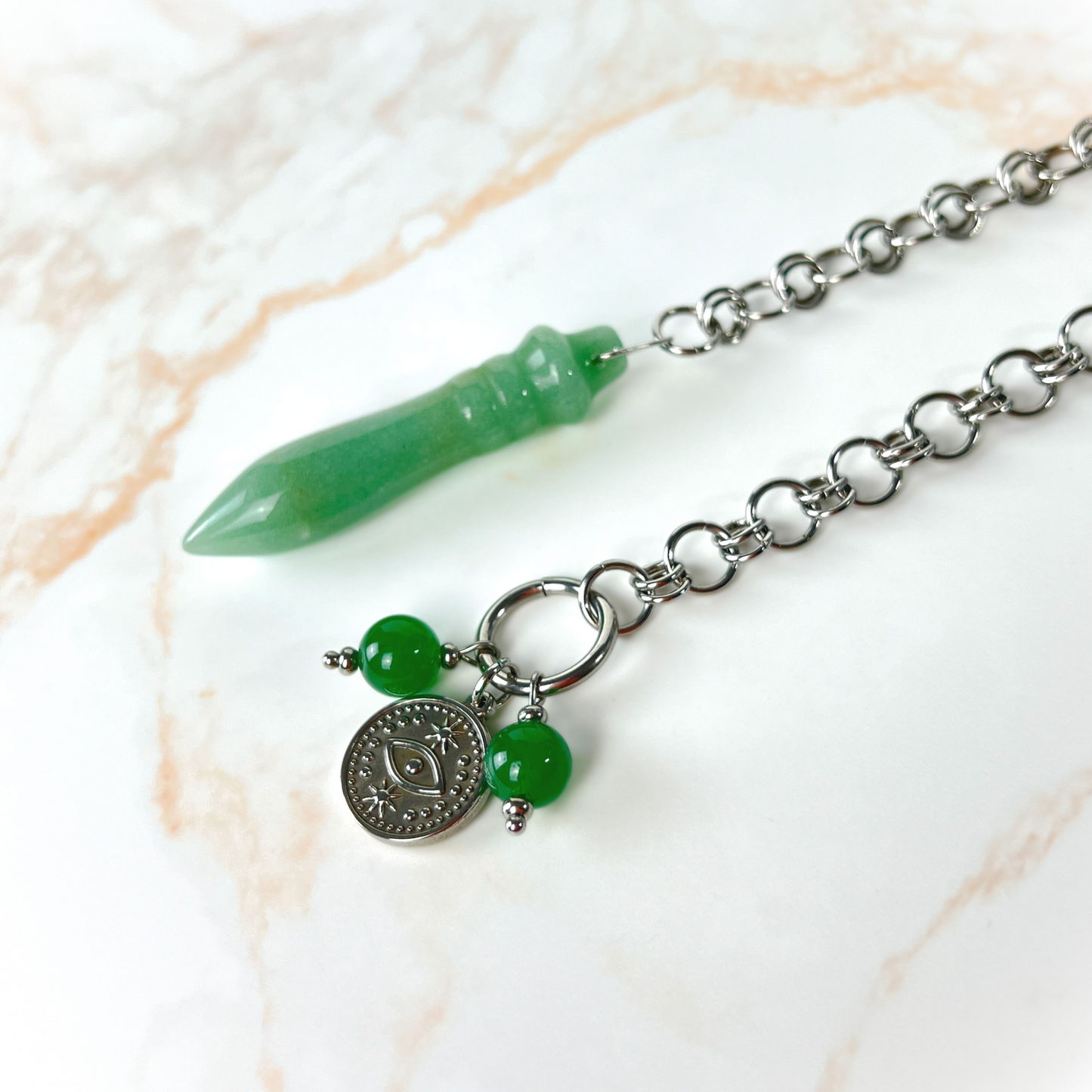 Egyptian Thot pendulum aventurine chainmail, third eye charm and stainless steel Baguette Magick
