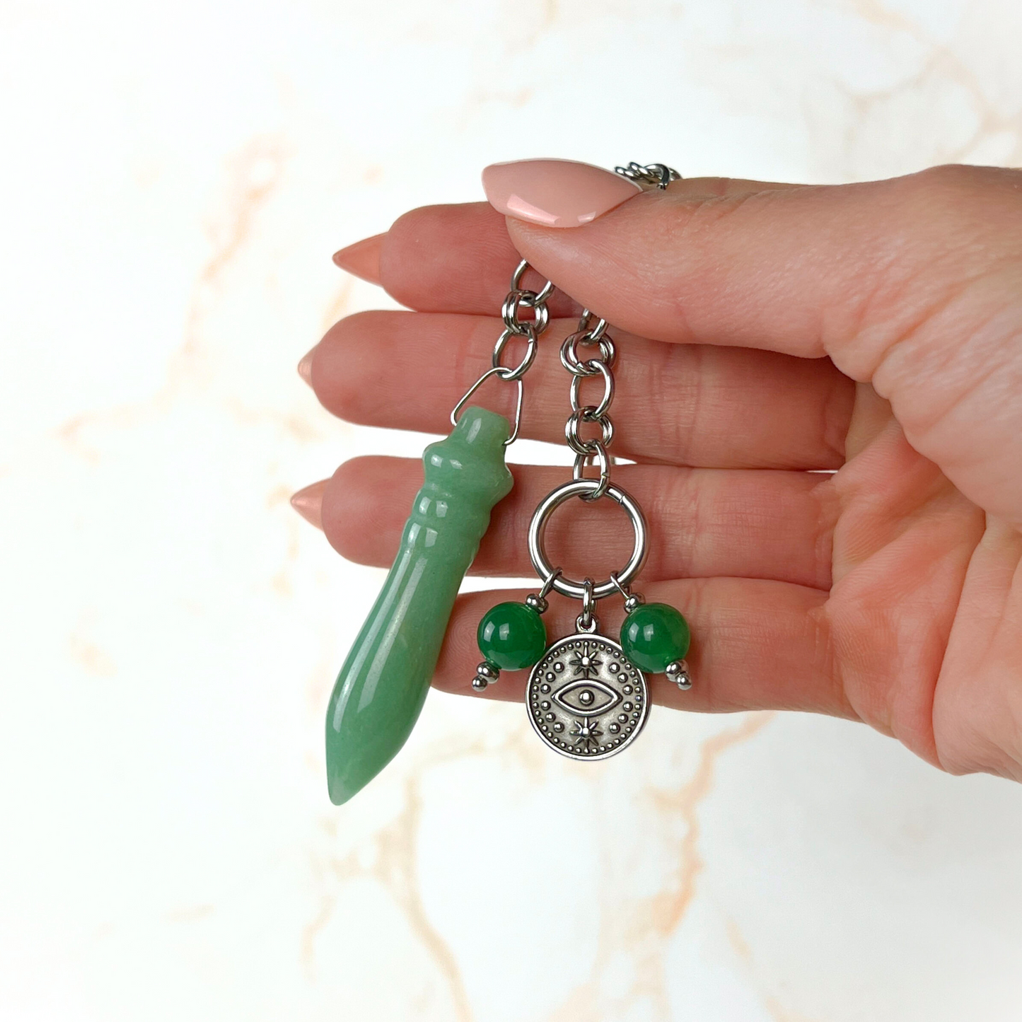Egyptian Thot pendulum aventurine chainmail, third eye charm and stainless steel Baguette Magick