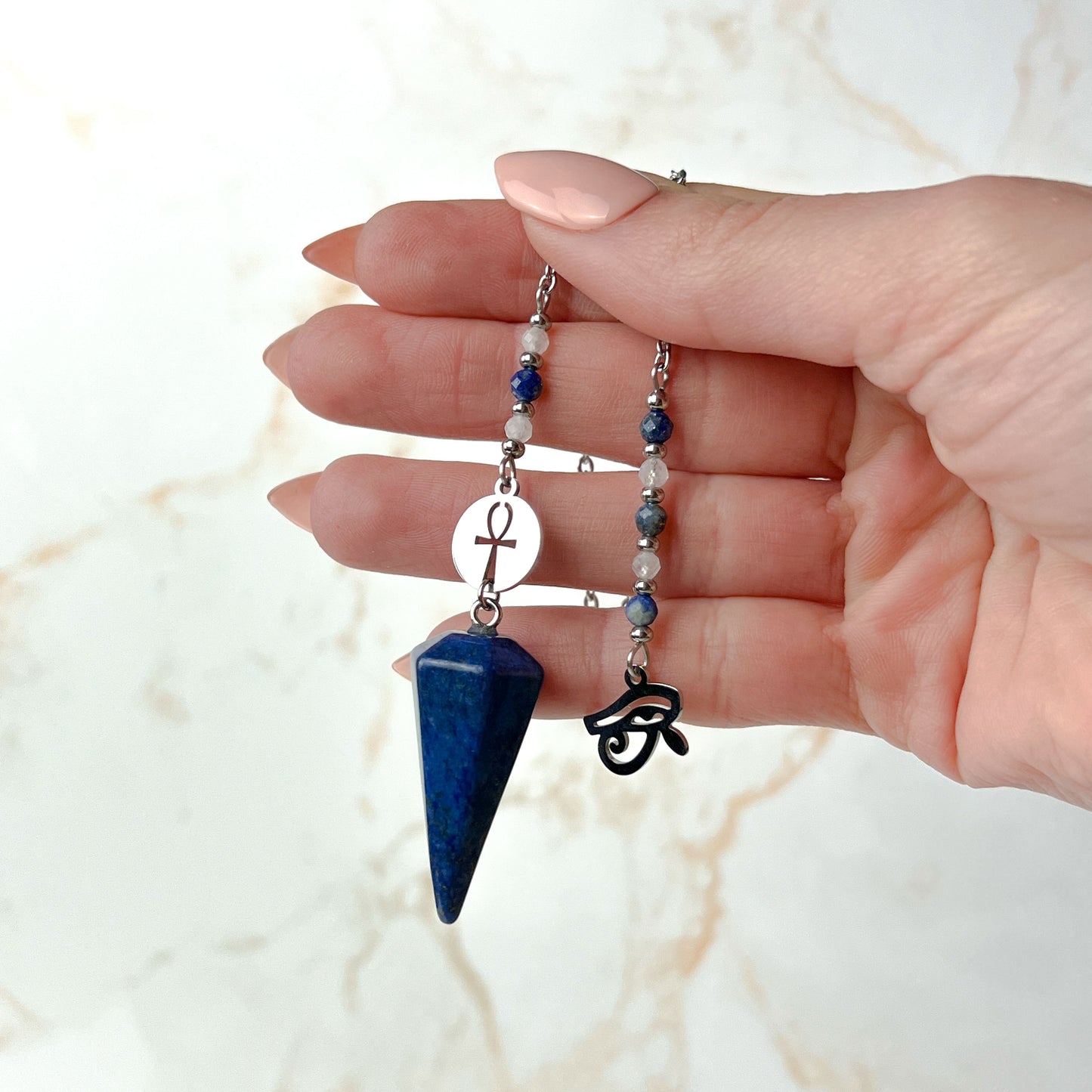 Stainless steel pendulum with lapis lazuli, moonstone, Eye of Horus and Ankh Baguette Magick