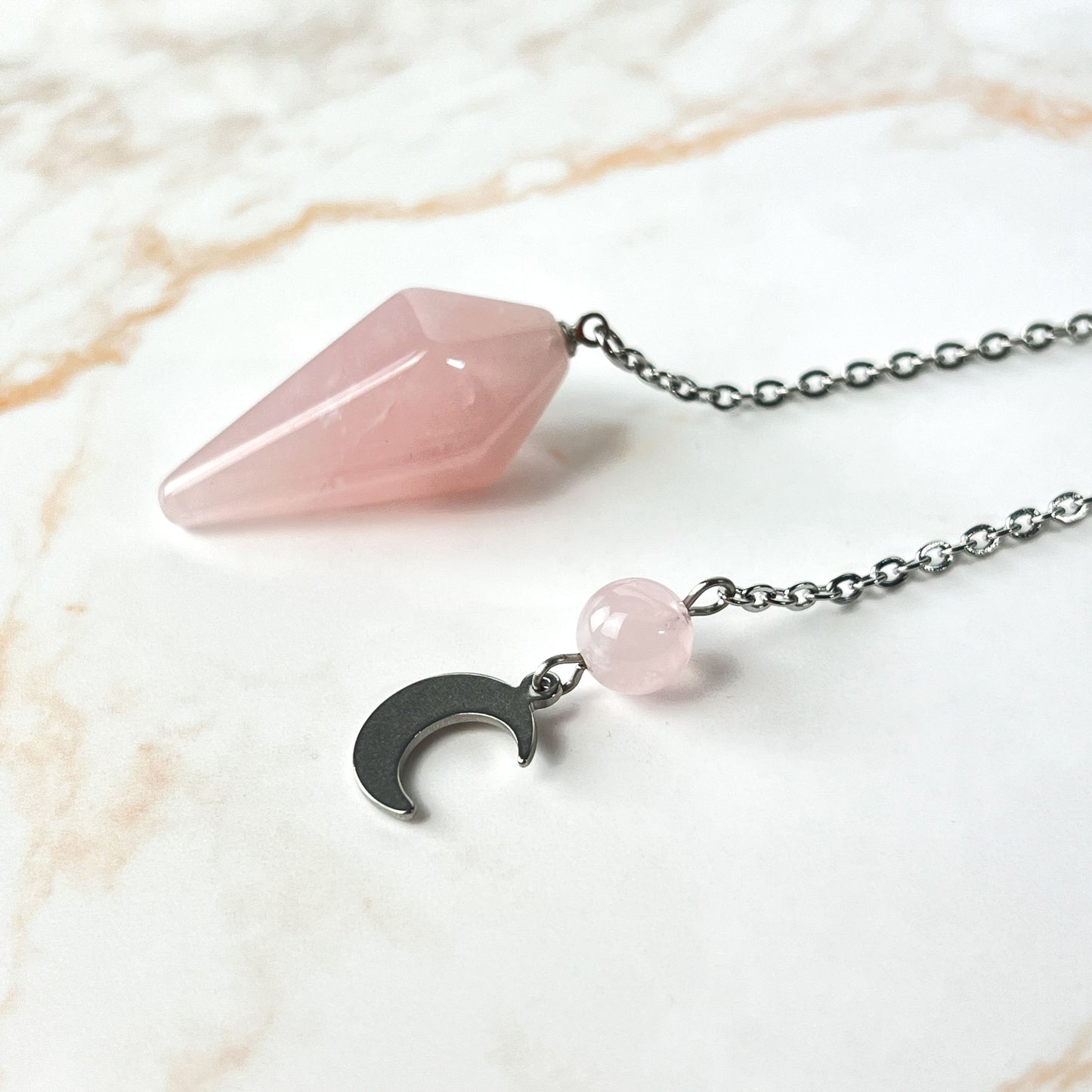 Stainless steel Rose quartz and crescent moon pendulum Baguette Magick