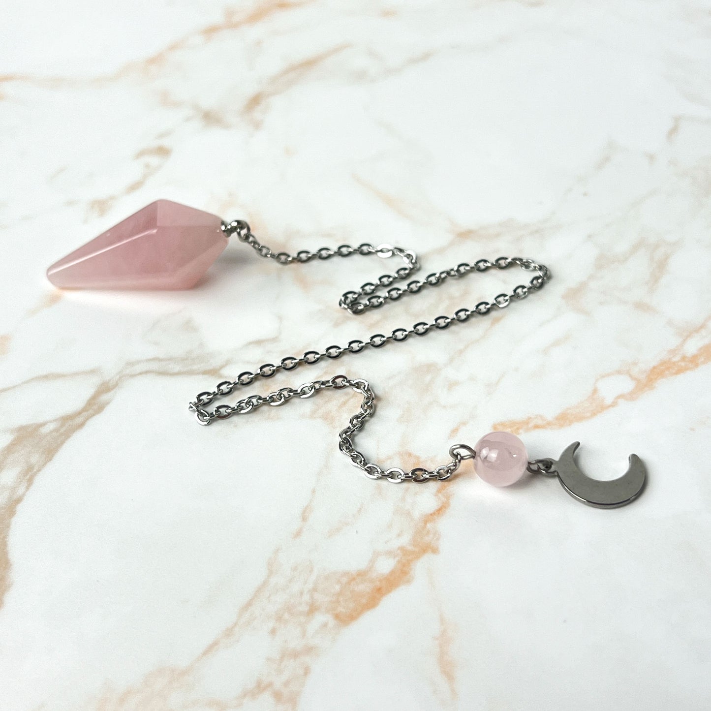 Stainless steel Rose quartz and crescent moon pendulum Baguette Magick