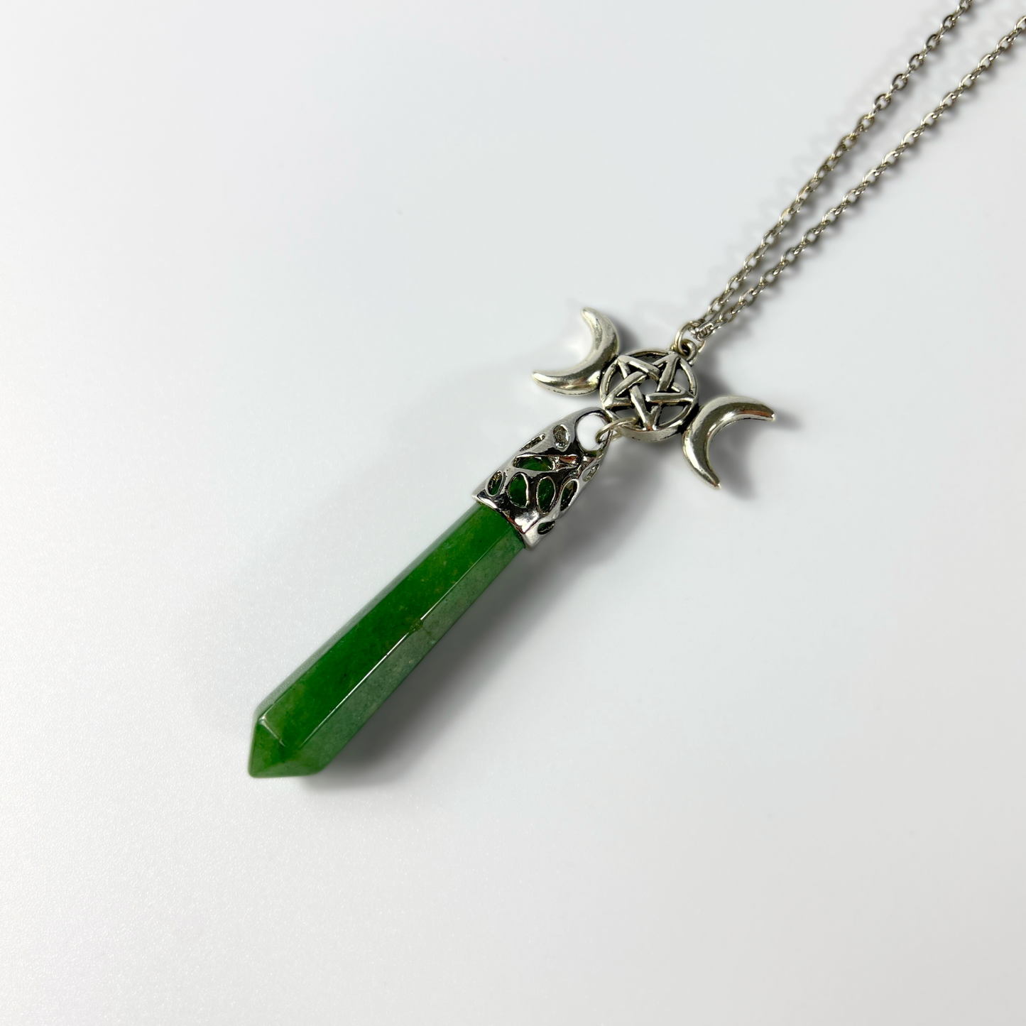 Collier pendule païen triple Lune aventurine et pentacle