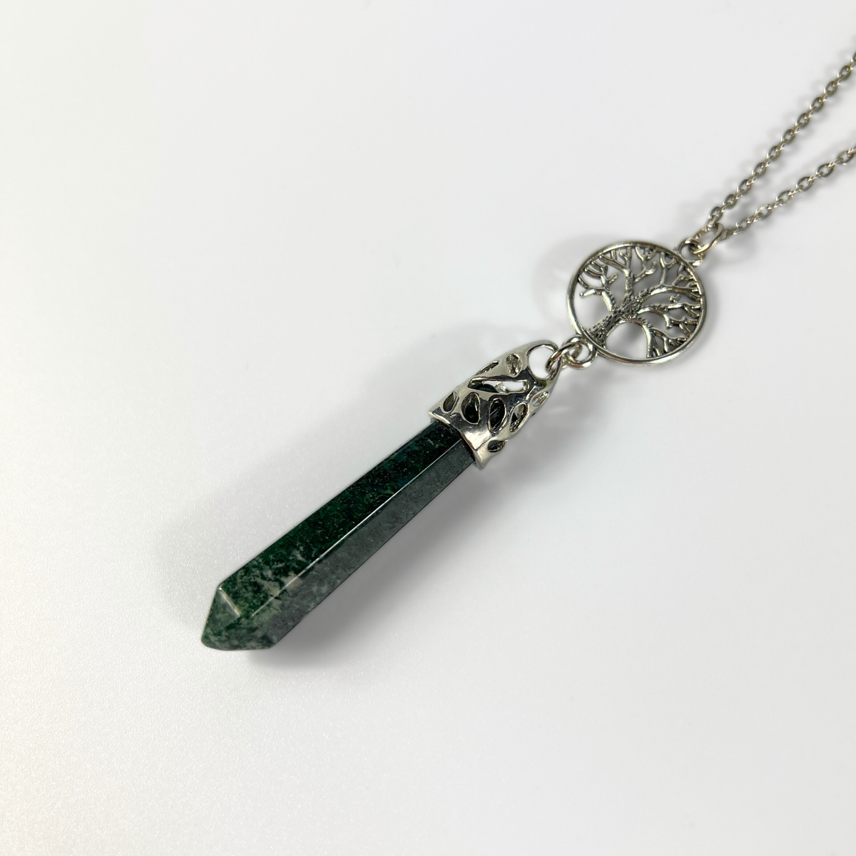 Moss agate and tree of life pendulum necklace