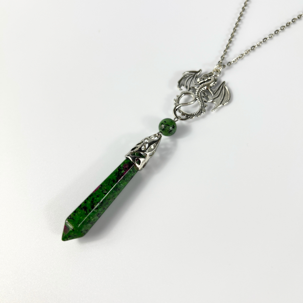 Dragon and Ruby Zoisite Anyolite pendulum necklace Baguette Magick