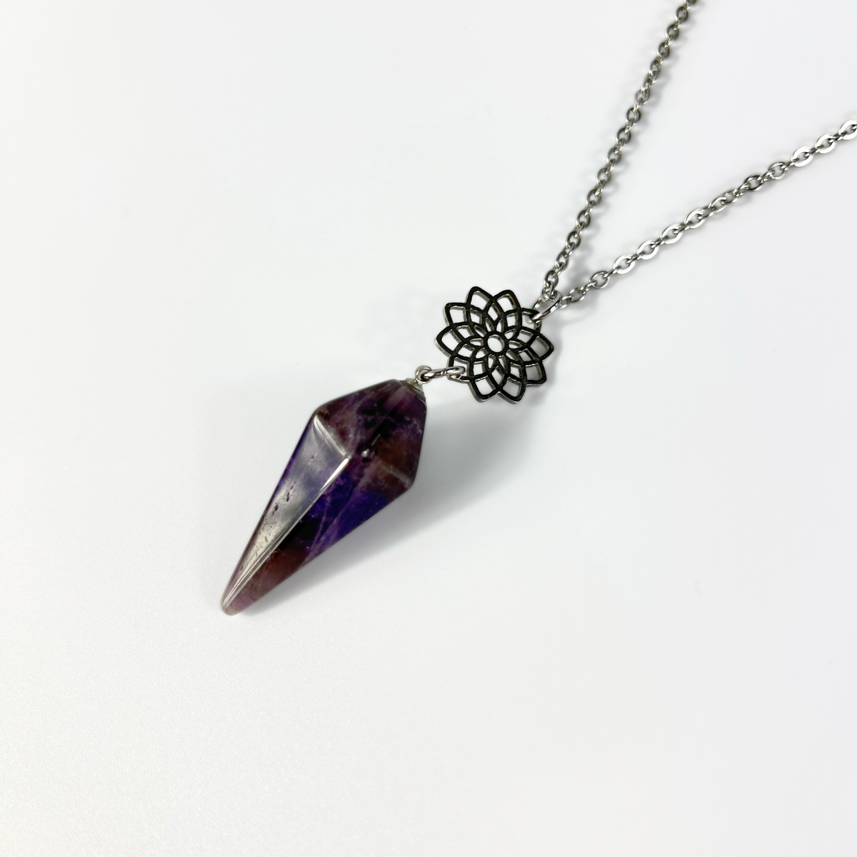 Amethyst and sacred geometry mandala pendulum necklace Baguette Magick