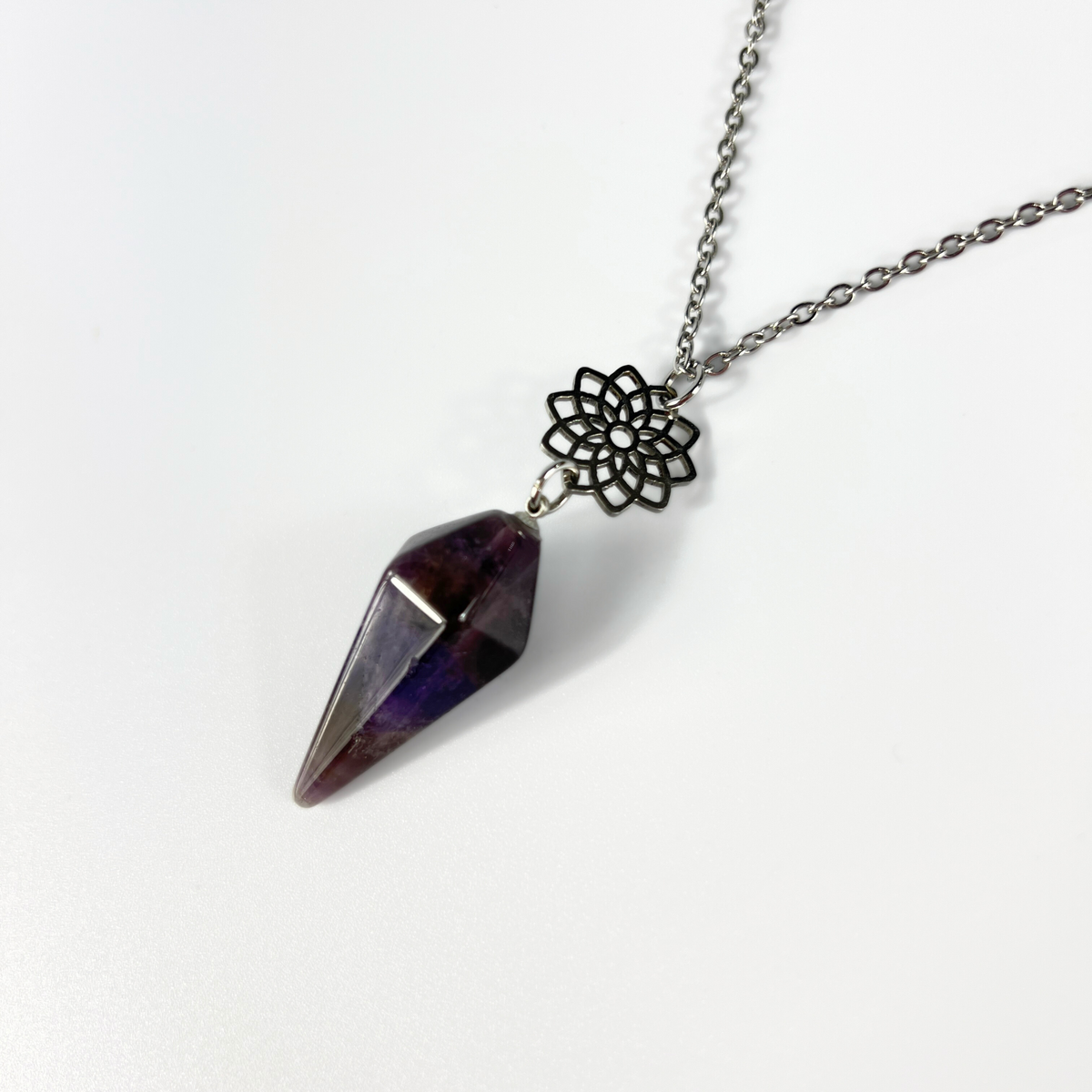 Amethyst and sacred geometry mandala pendulum necklace Baguette Magick