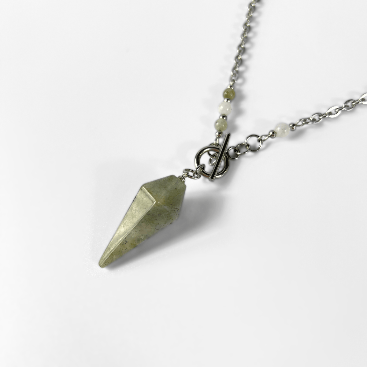 Collier pendule en labradorite et pierre de lune, fermoir à bascule