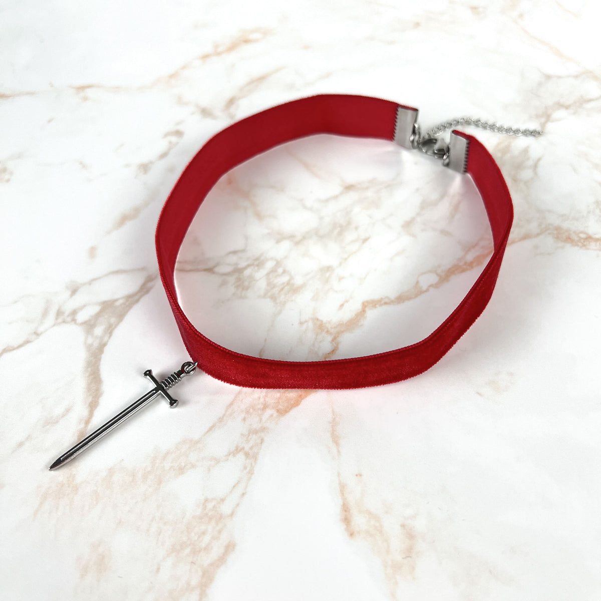 Red velvet Sword medieval fantasy gothic choker, stainless steel Baguette Magick