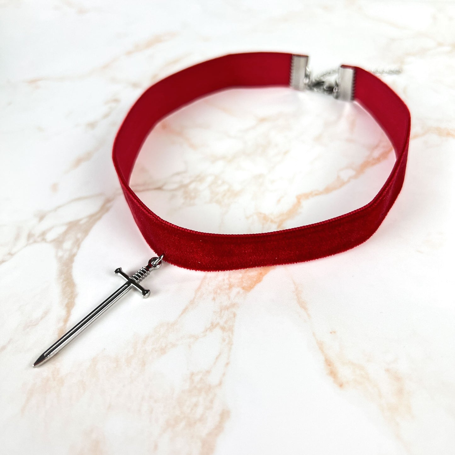 Red velvet Sword medieval fantasy gothic choker, stainless steel Baguette Magick