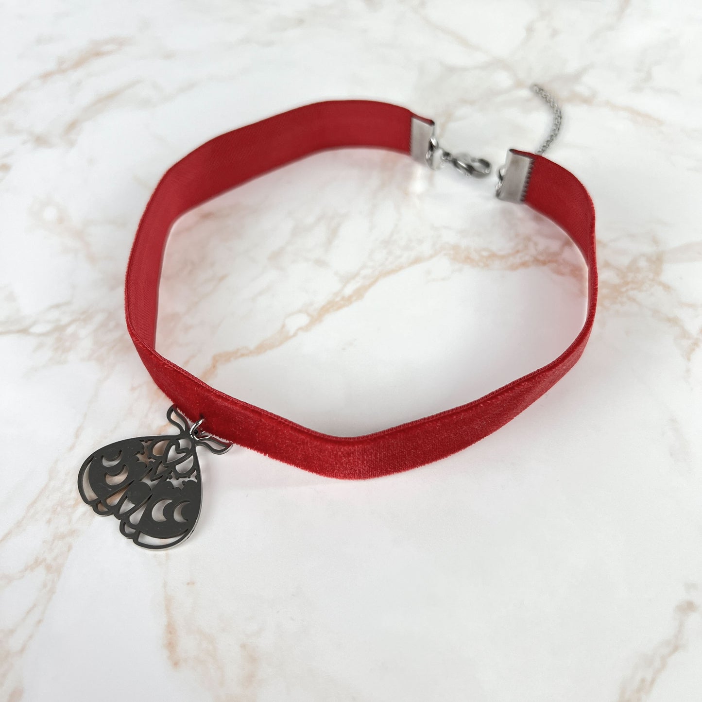 Red velvet and Moth Victorian occult witch choker, stainless steel Baguette Magick