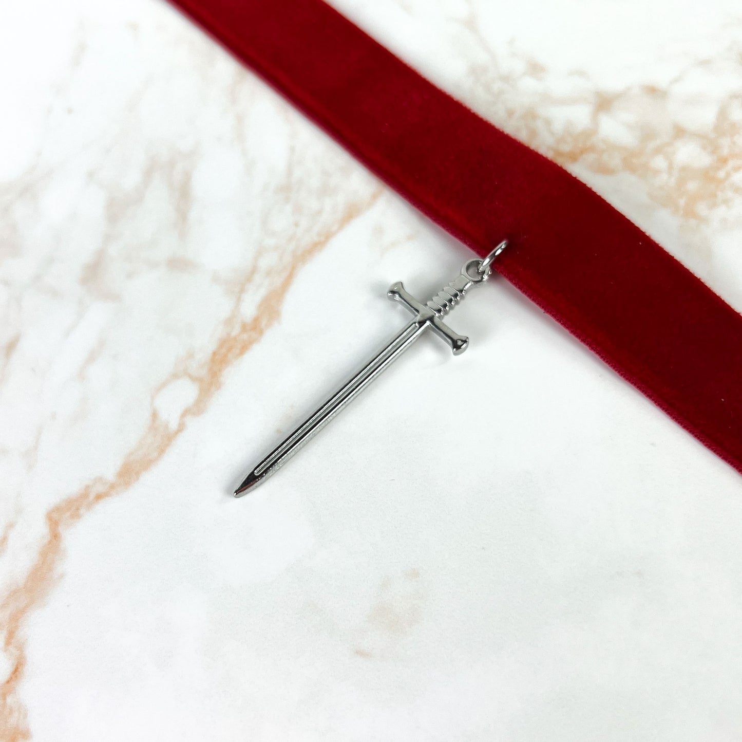 Red velvet Sword medieval fantasy gothic choker, stainless steel Baguette Magick
