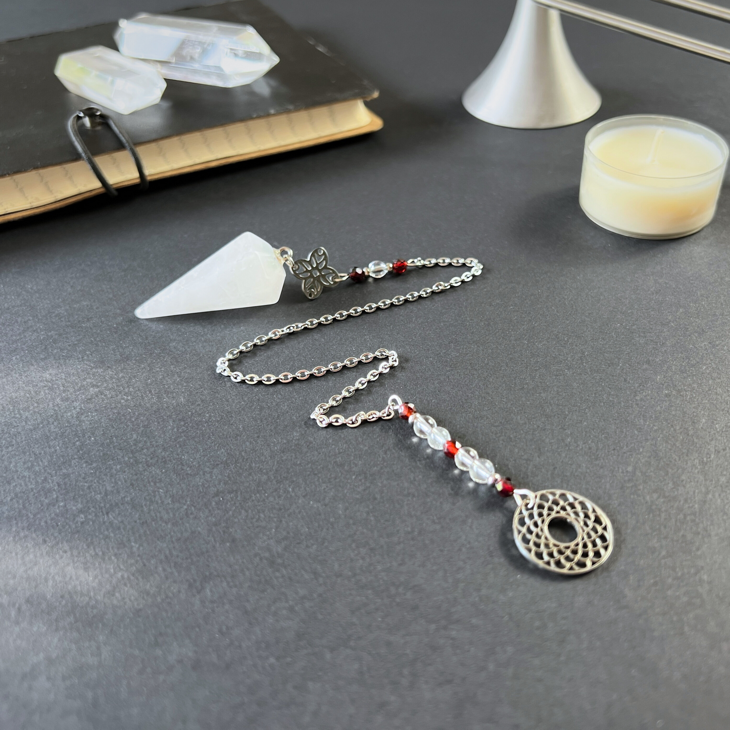 Quartz, garnet sacred geometry pendulum