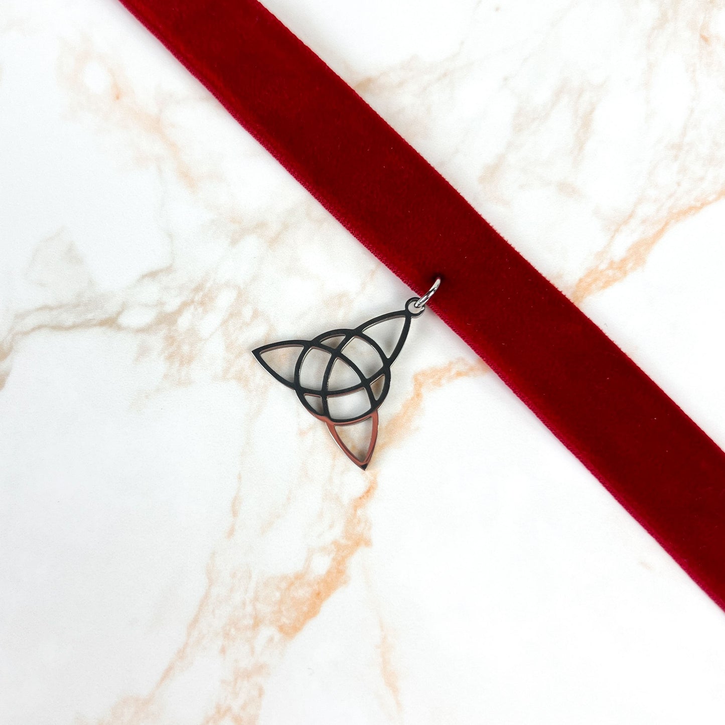 Red velvet and Triquetra Victorian Gothic choker, stainless steel Baguette Magick