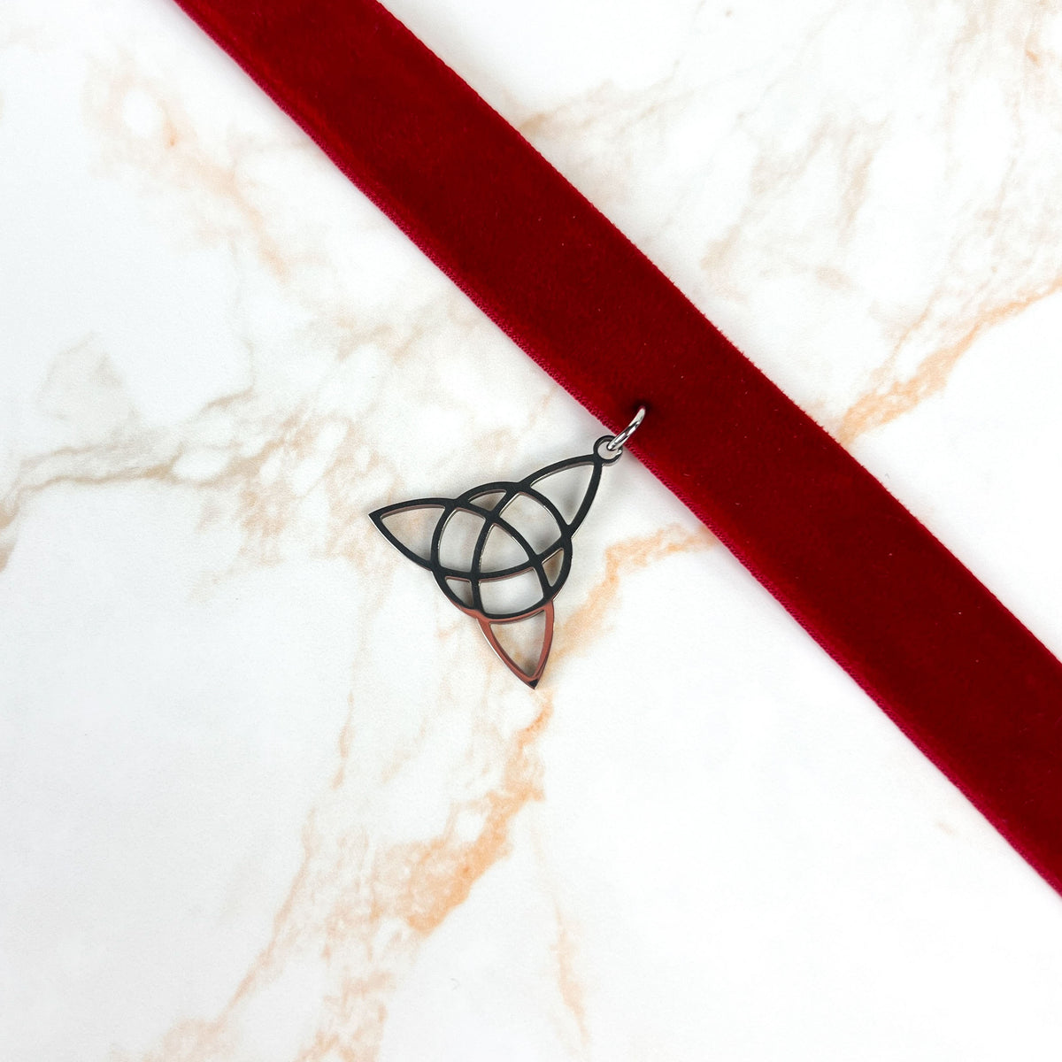 Red velvet and Triquetra Victorian Gothic choker, stainless steel Baguette Magick