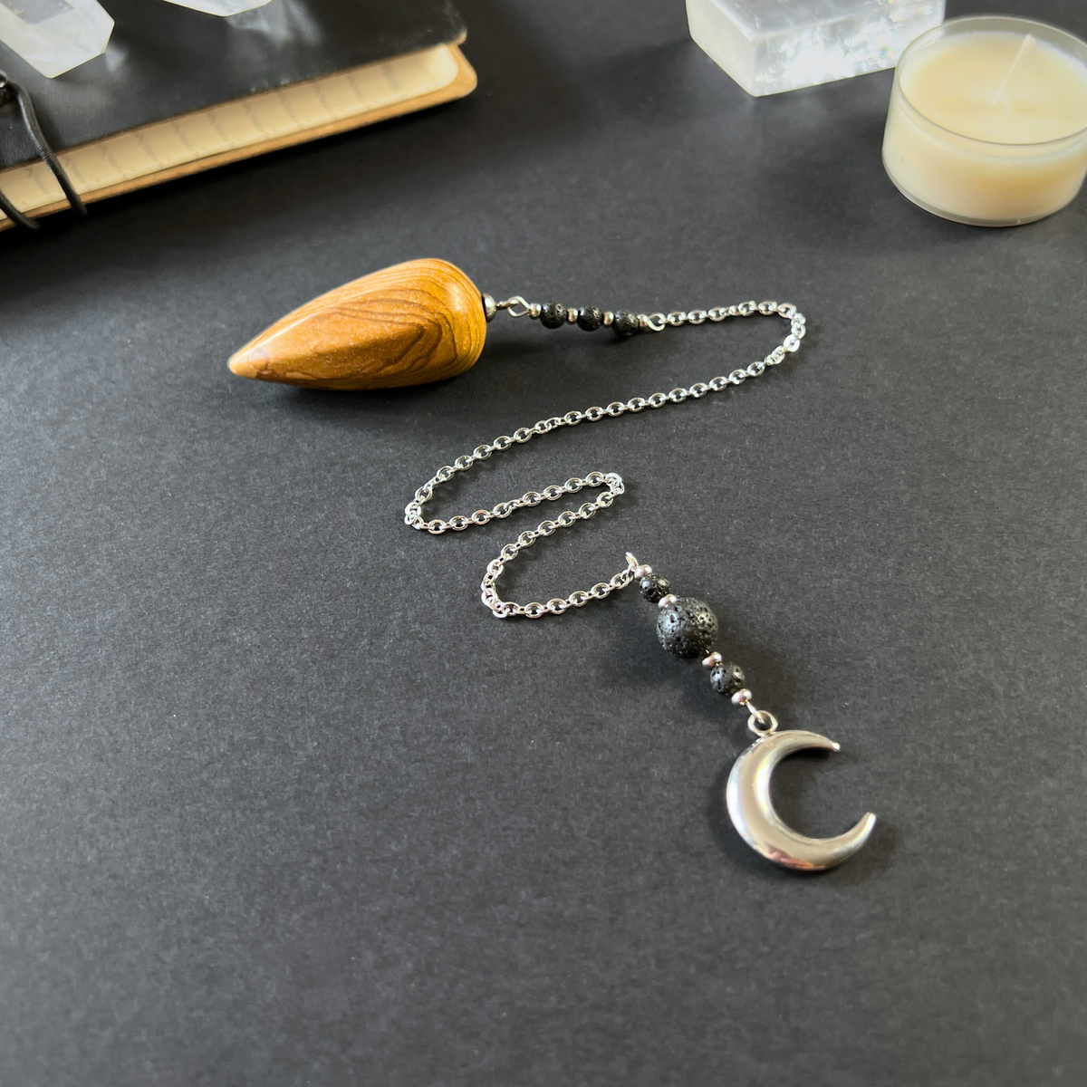 Picture jasper, lava rock and Moon crescent pendulum Baguette Magick