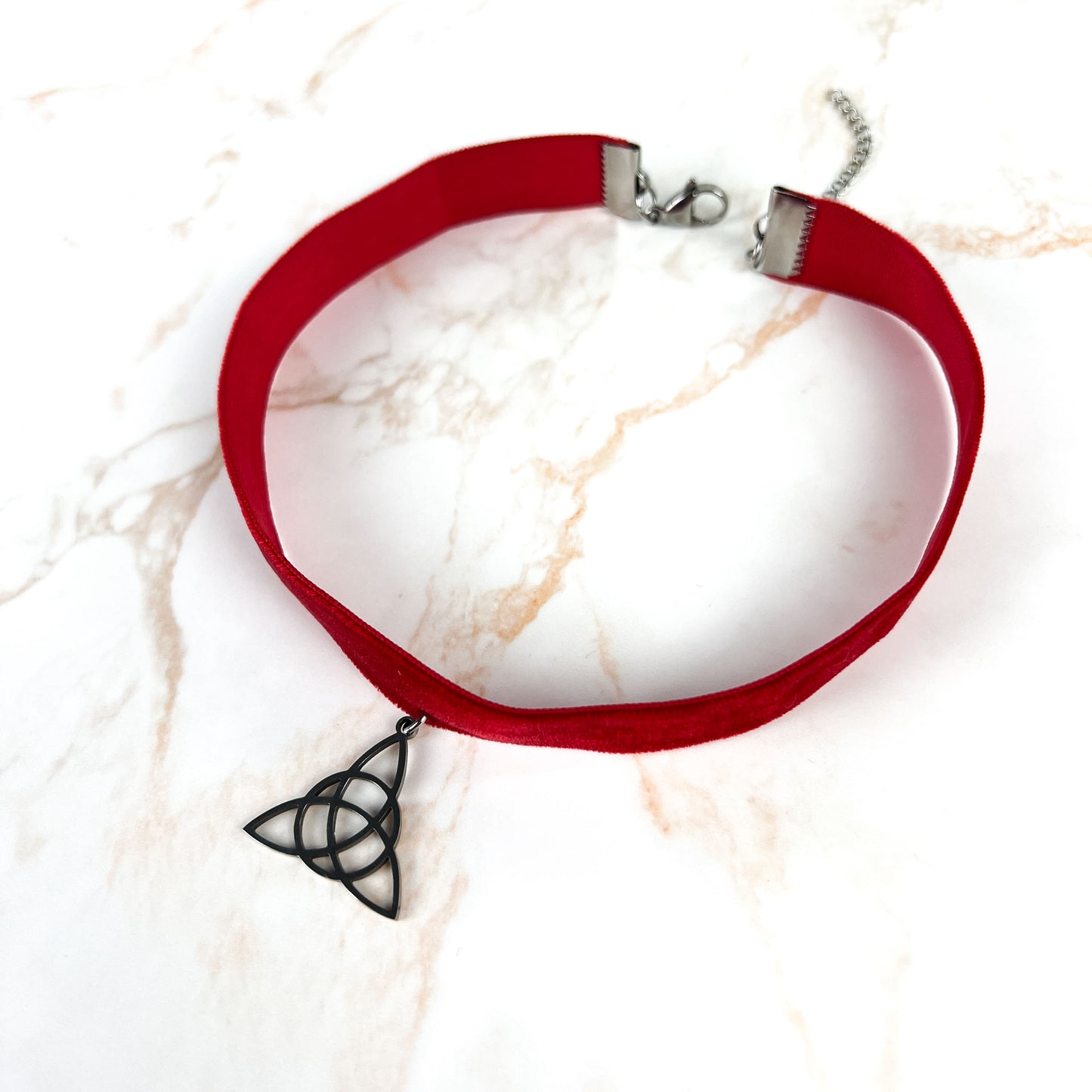 Red velvet and Triquetra Victorian Gothic choker, stainless steel Baguette Magick
