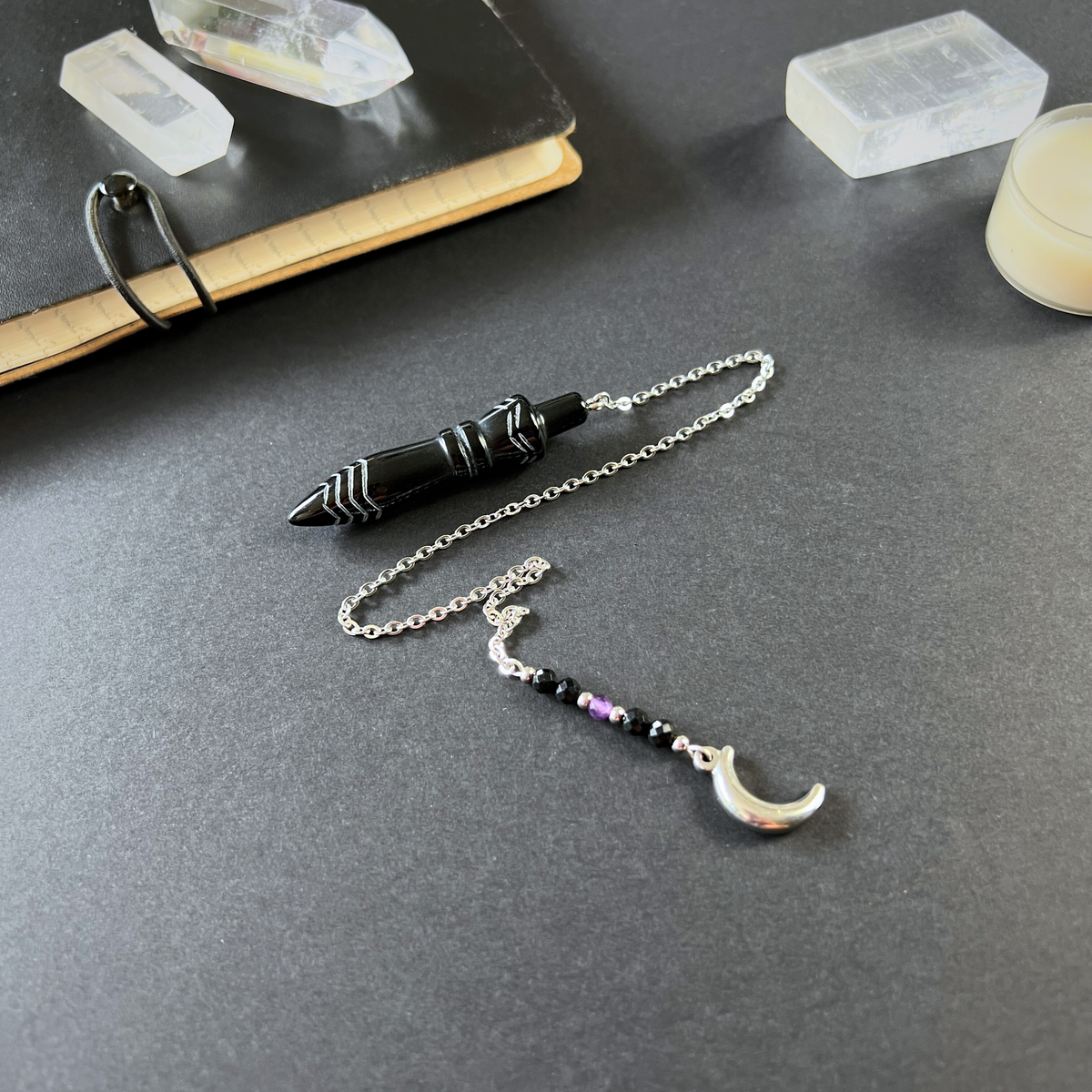 Engraved Egyptian Thot pendulum, obsidian, onyx, amethyst, Moon crescent charm