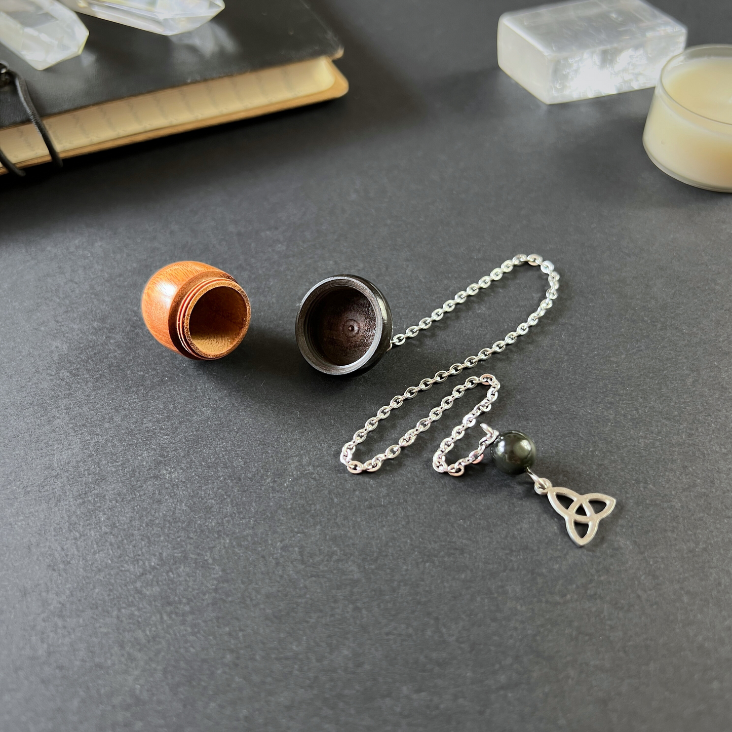 Acorn chamber pendulum, Ebony, Rainbow Obsidian