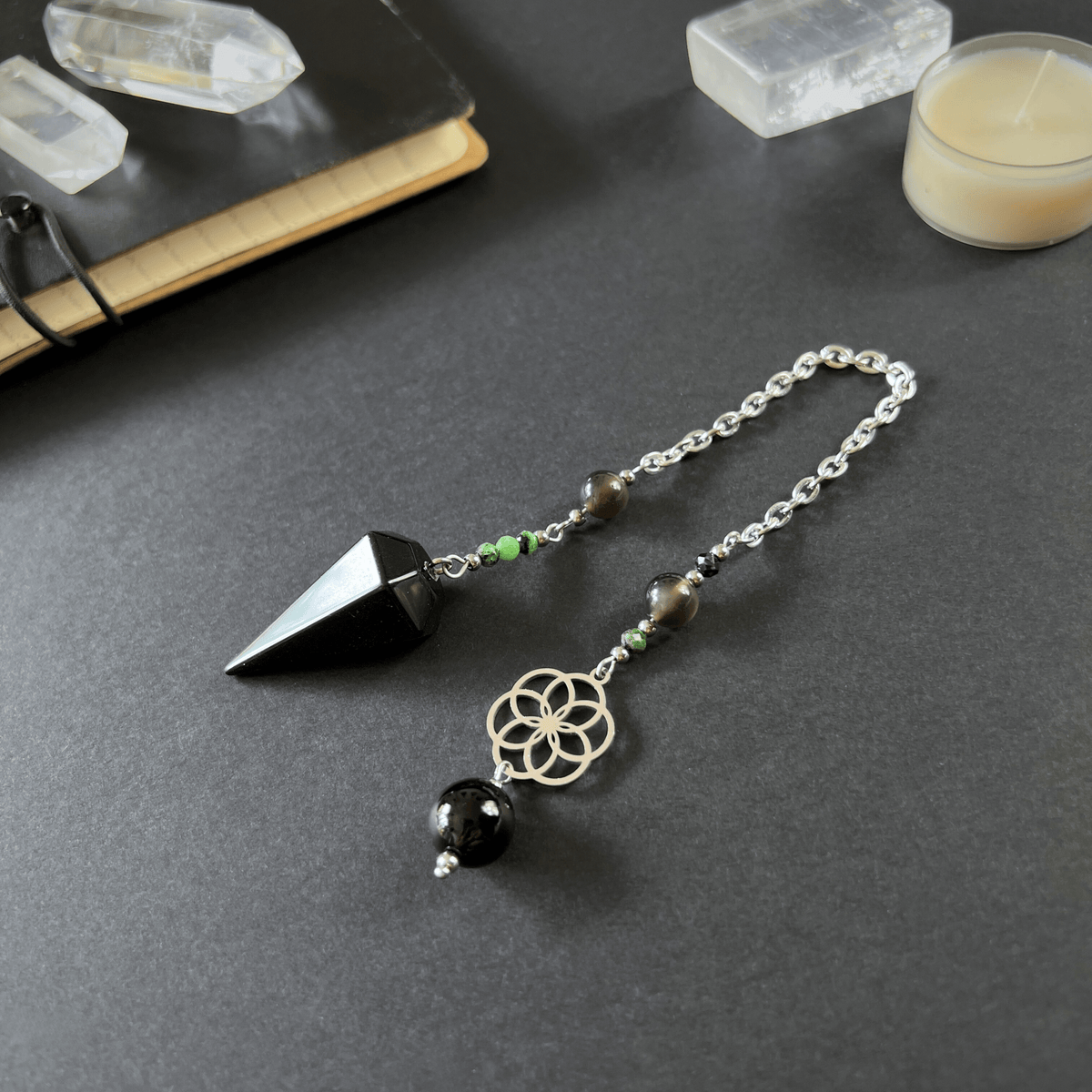 Obsidian, Ruby Zoisite & Onyx Dowsing Pendulum, with flower of life charm