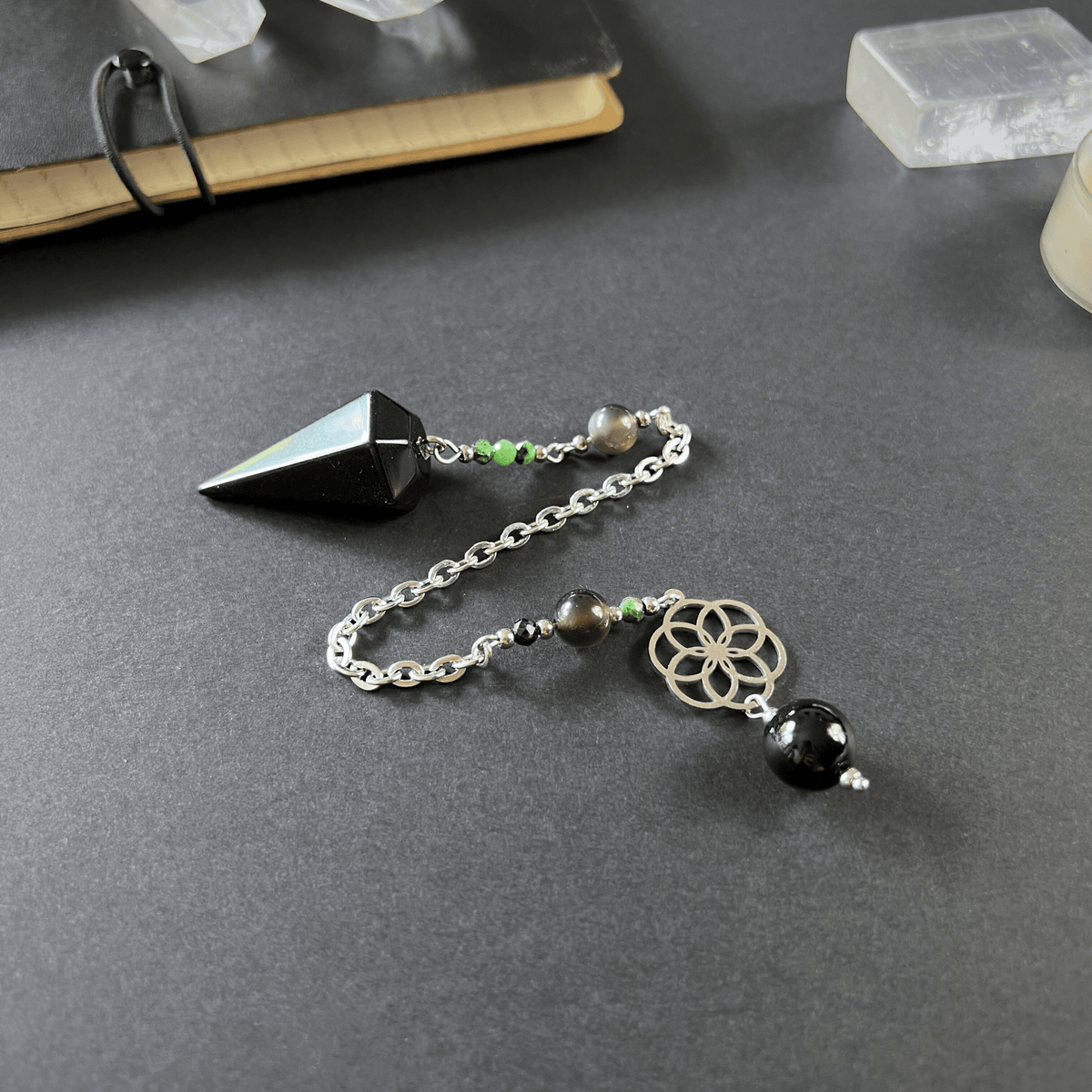 Obsidian, Ruby Zoisite & Onyx Dowsing Pendulum, with flower of life charm