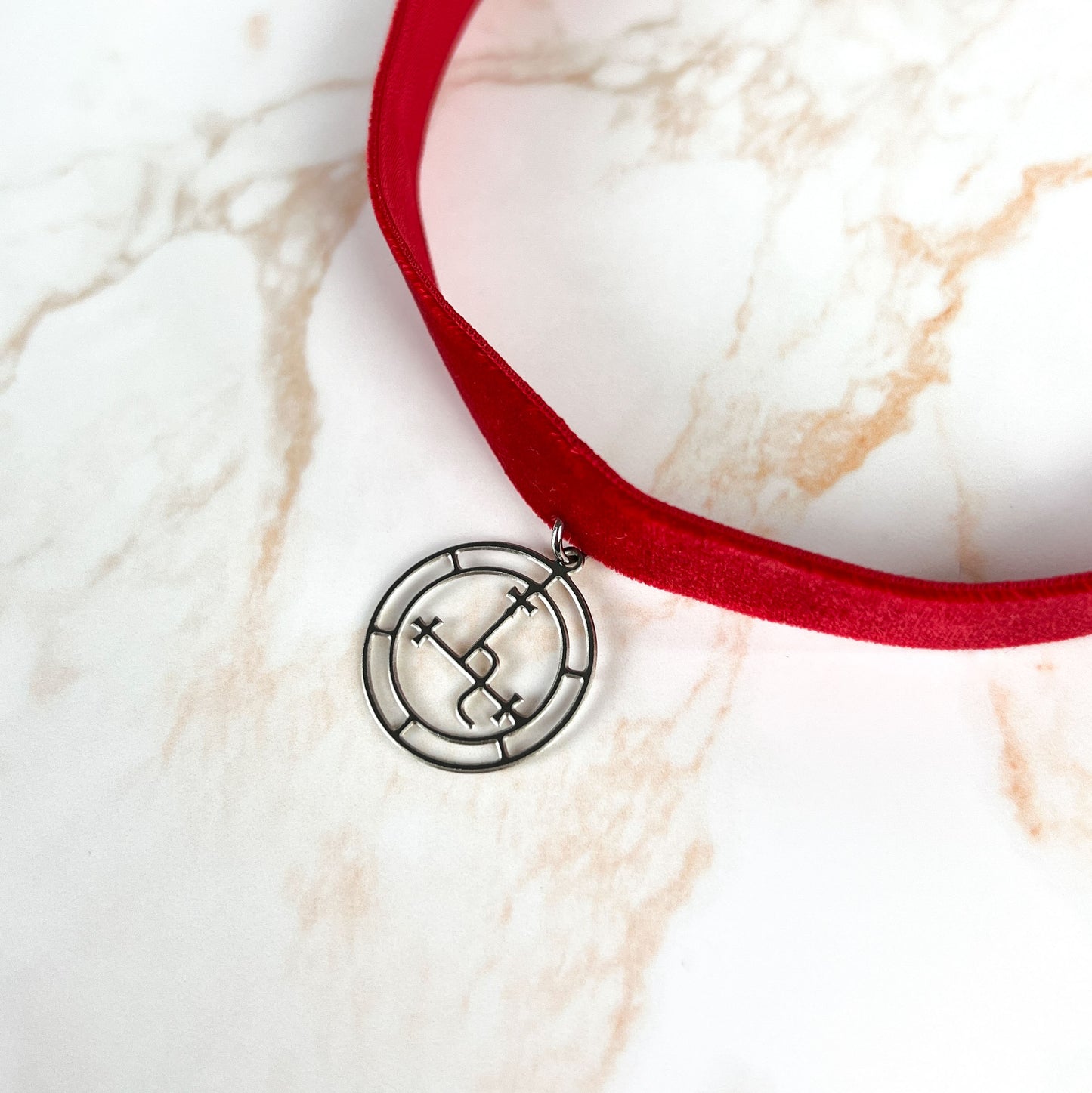 Red velvet Lilith sigil occult gothic choker, stainless steel Baguette Magick