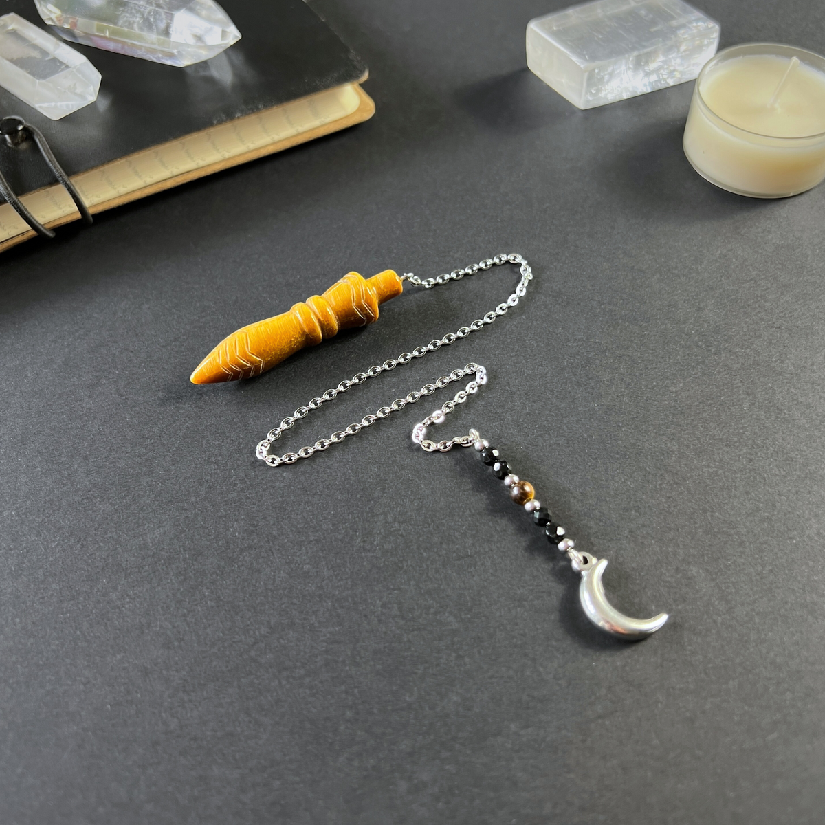Engraved Egyptian Thot pendulum, tiger's eye, onyx, Moon crescent charm