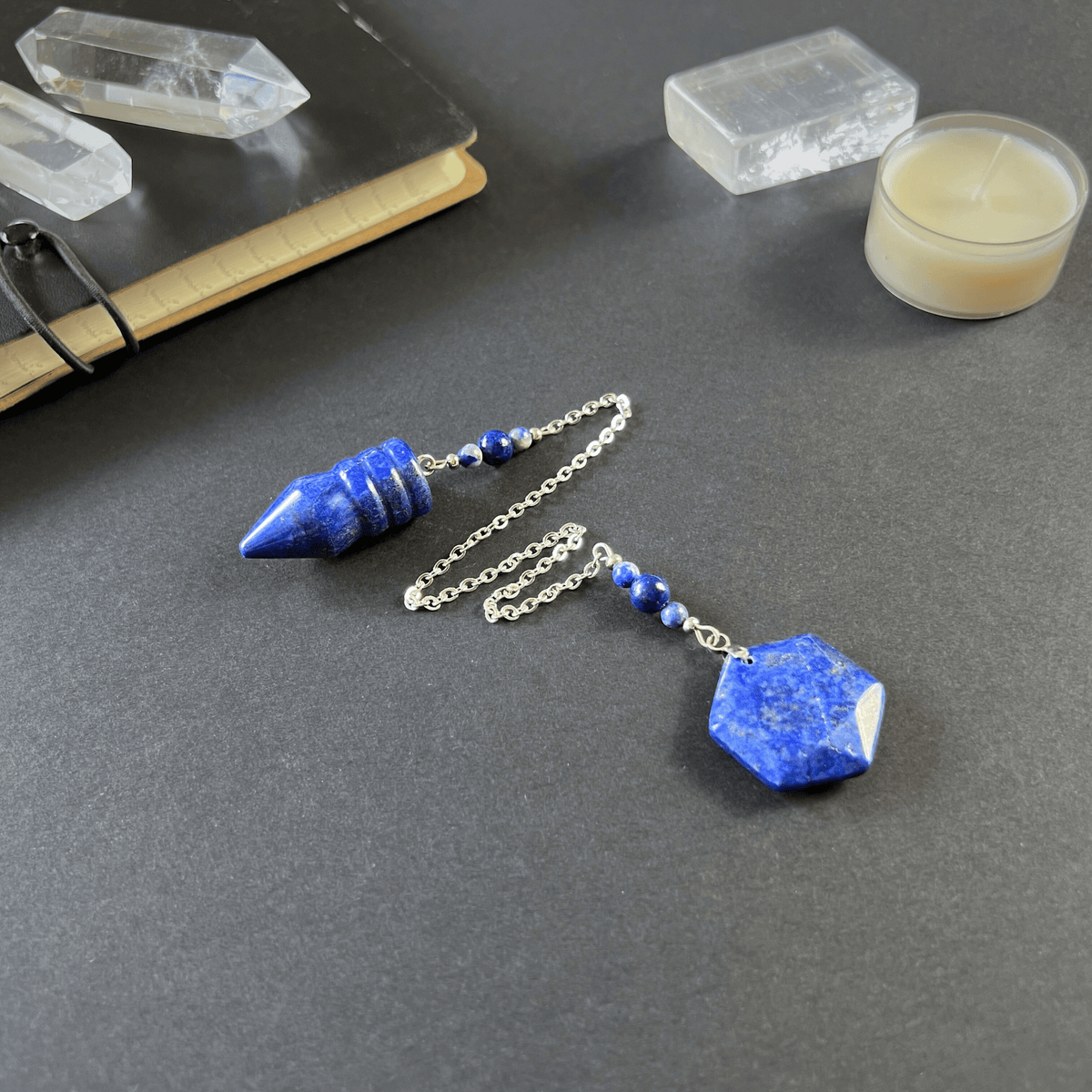 Bullet-shaped Lapis Lazuli pendulum, with a hexagonal gem