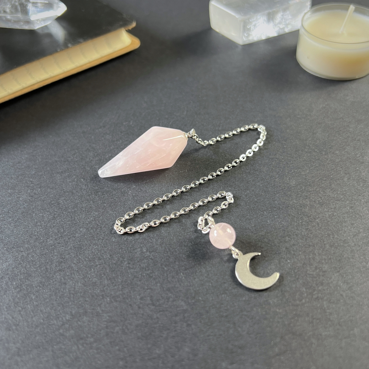 Rose quartz and crescent moon pendulum