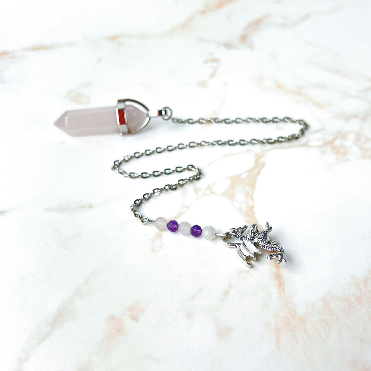 Rose quartz and amethyst dragon dowsing pendulum Baguette Magick