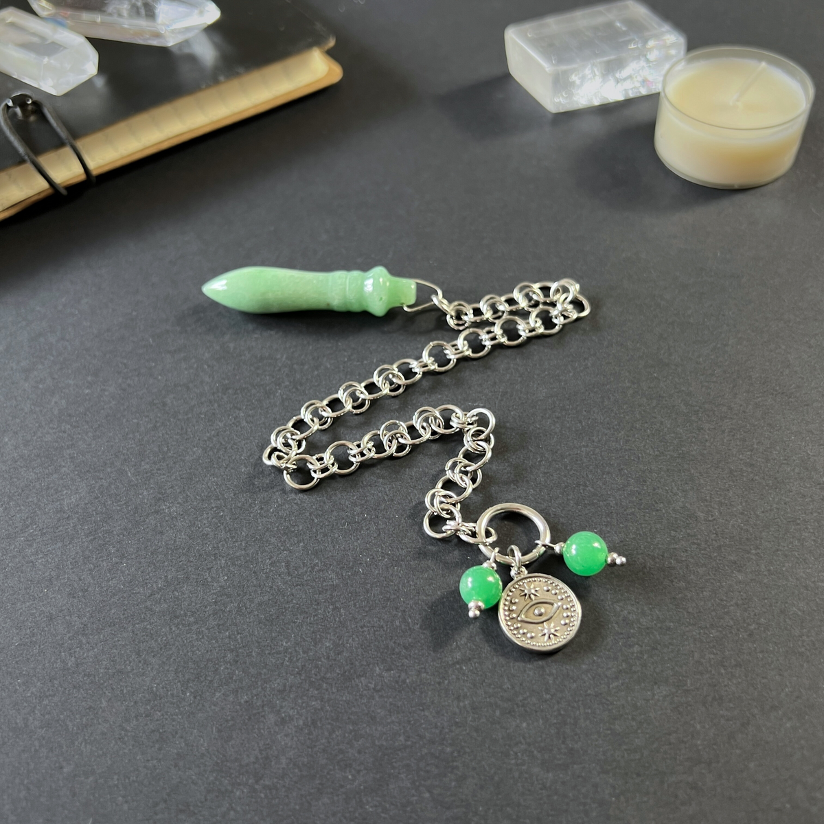 Egyptian Thot pendulum aventurine chainmail, third eye charm Baguette Magick