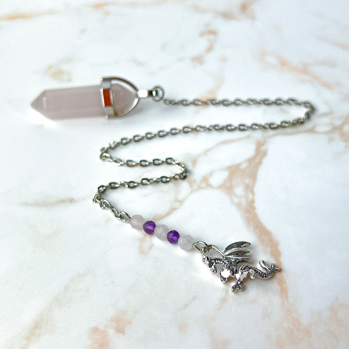 Rose quartz and amethyst dragon dowsing pendulum Baguette Magick
