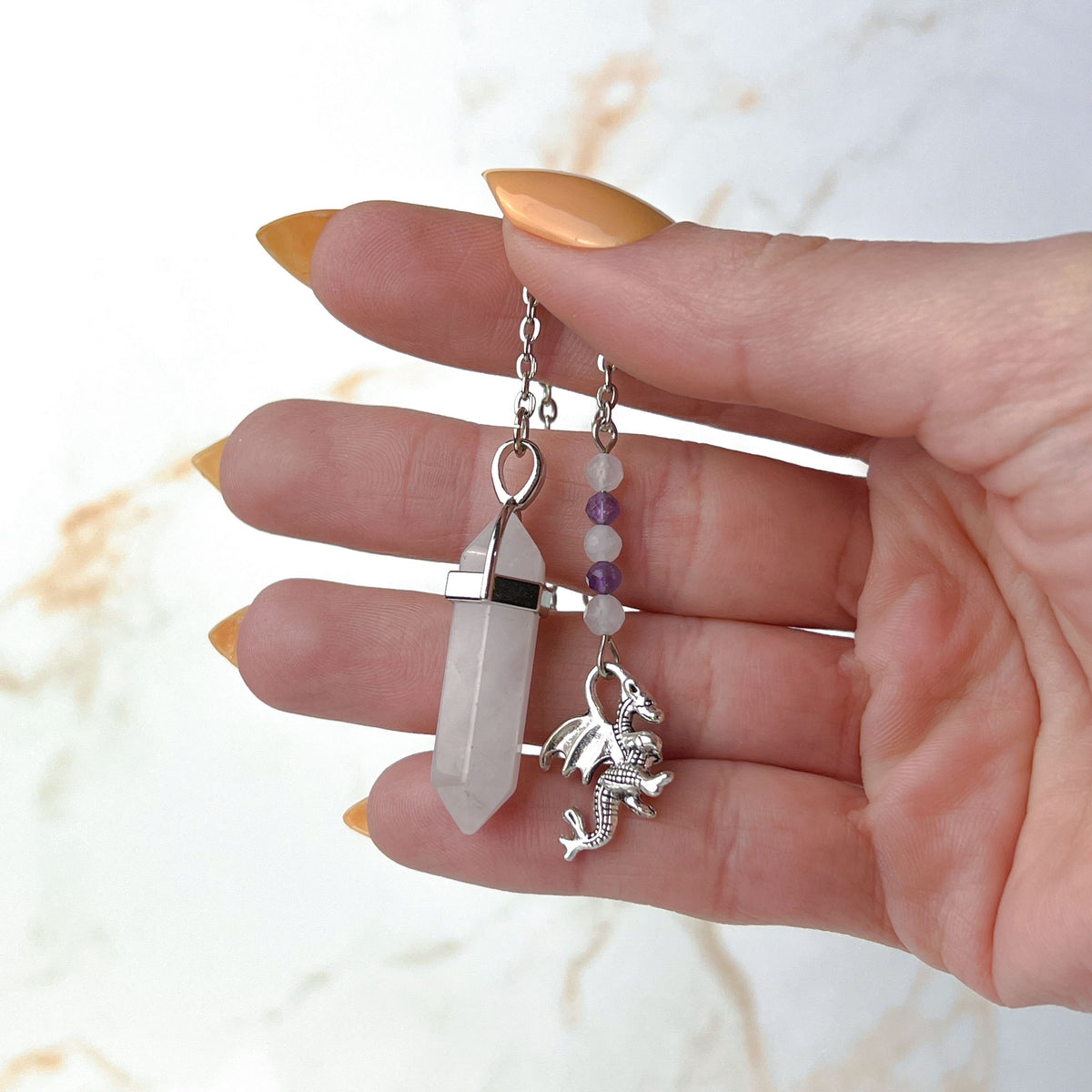 Rose quartz and amethyst dragon dowsing pendulum Baguette Magick