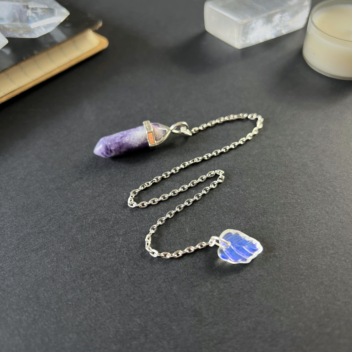 Charoite and leaf dowsing divination pendulum