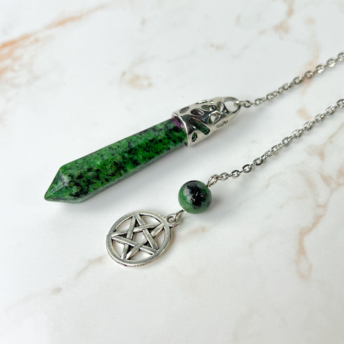 Ruby in Zoisite Anyolite and pentacle dowsing pendulum Baguette Magick