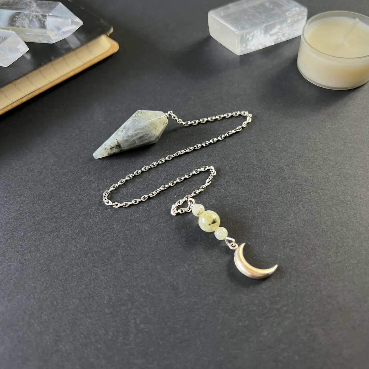 Labradorite and Moon crescent divination dowsing pendulum